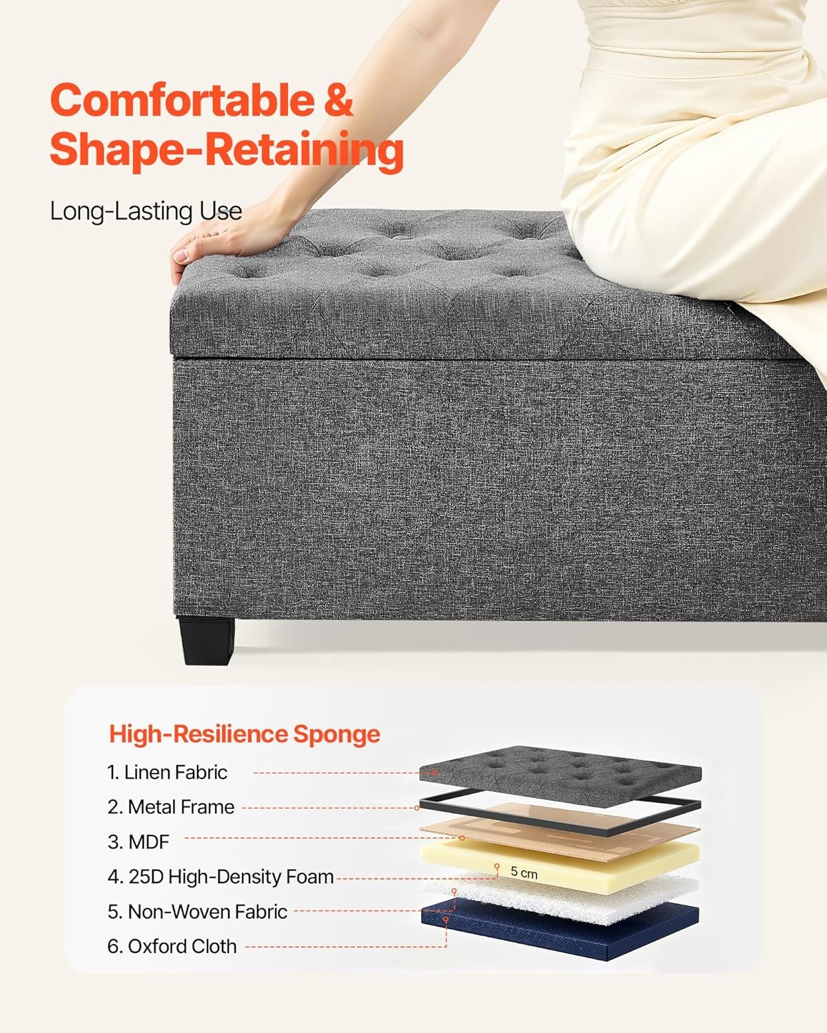 image:imageVEVOR Foldable Storage Ottoman Bench End of Bed Bench with Side Bags Folding Upholstered Storage Chest Supports 660 lbs Linen Bed Ottoman with Large Space for Living Room Bedroom Entryway BeigeGrey