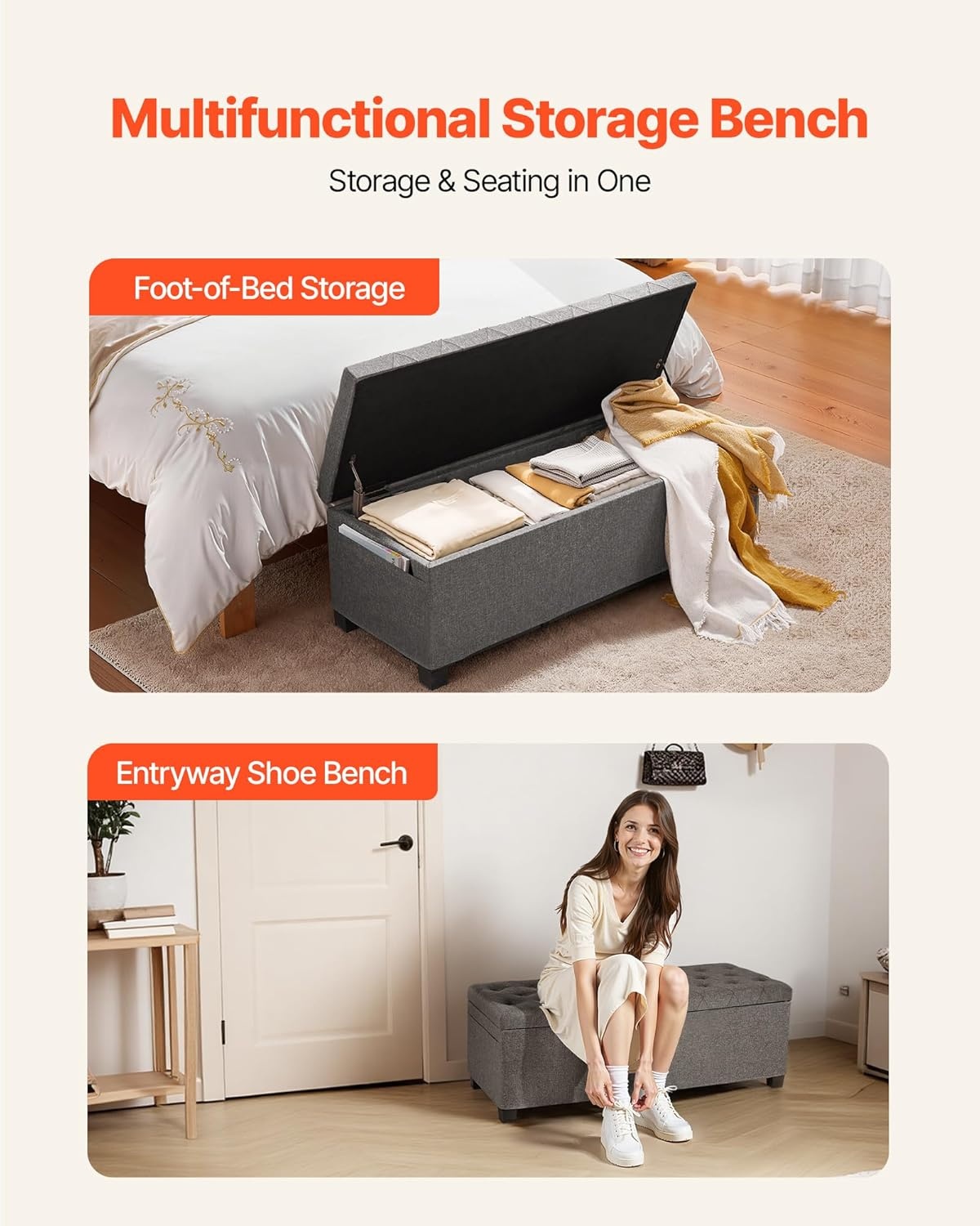 image:imageVEVOR Foldable Storage Ottoman Bench End of Bed Bench with Side Bags Folding Upholstered Storage Chest Supports 660 lbs Linen Bed Ottoman with Large Space for Living Room Bedroom Entryway BeigeGrey