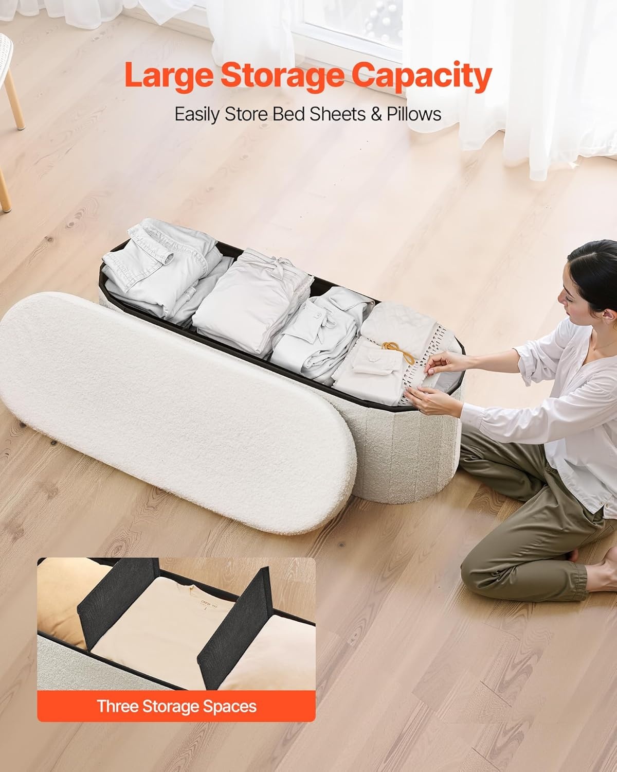 image:imageVEVOR Foldable Storage Ottoman Bench End of Bed Bench with Side Bags Folding Upholstered Storage Chest Supports 660 lbs Linen Bed Ottoman with Large Space for Living Room Bedroom Entryway BeigeBeige