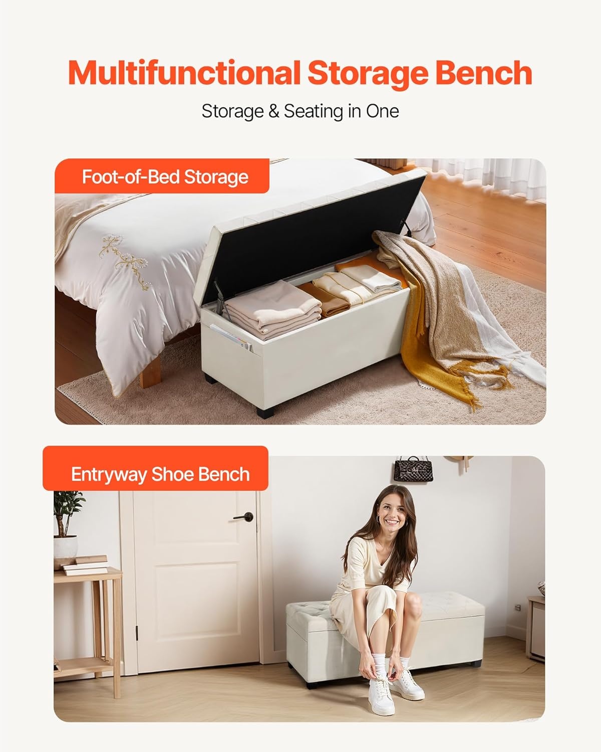 image:imageVEVOR Foldable Storage Ottoman Bench End of Bed Bench with Side Bags Folding Upholstered Storage Chest Supports 660 lbs Linen Bed Ottoman with Large Space for Living Room Bedroom Entryway BeigeBeige