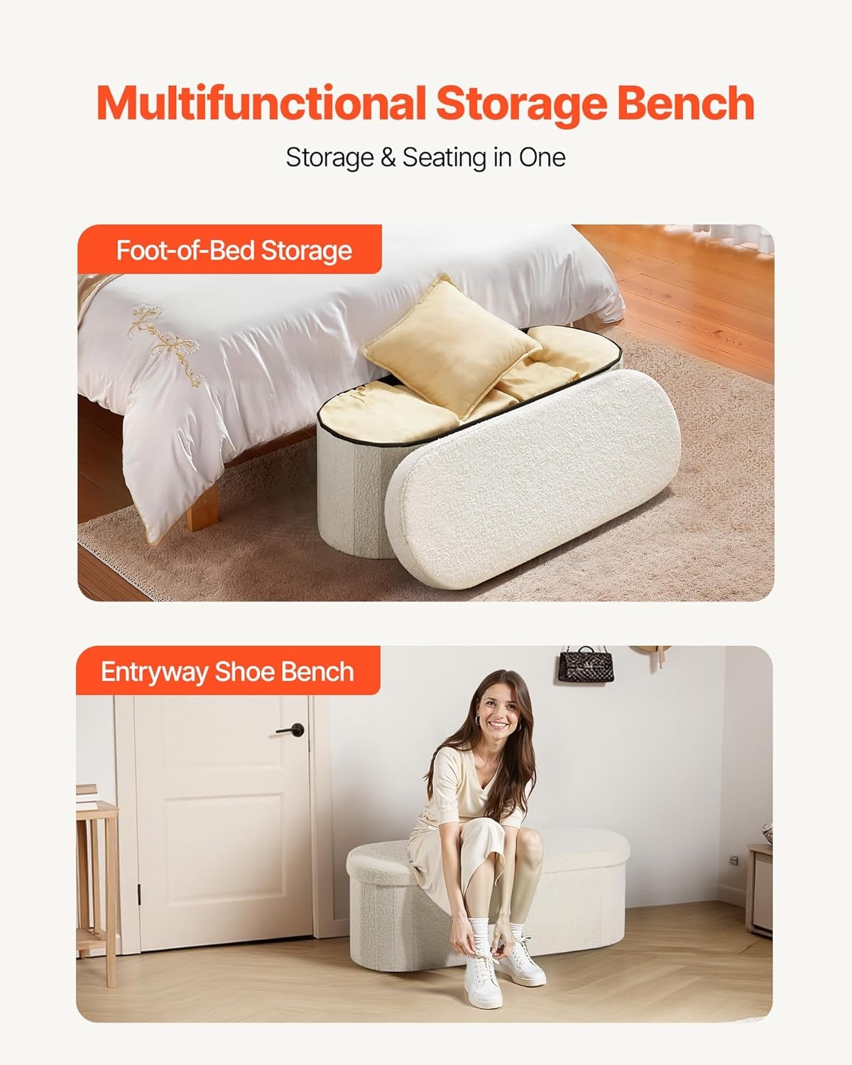 image:imageVEVOR Foldable Storage Ottoman Bench End of Bed Bench with Side Bags Folding Upholstered Storage Chest Supports 660 lbs Linen Bed Ottoman with Large Space for Living Room Bedroom Entryway BeigeBeige