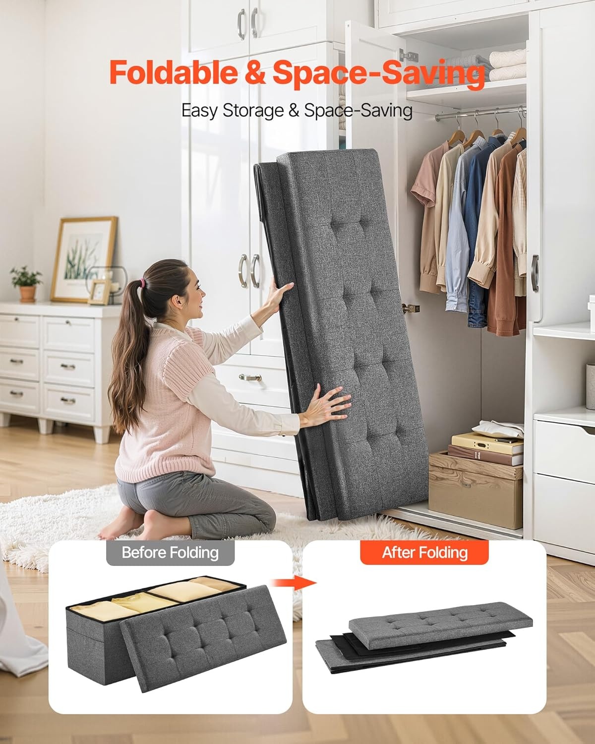 image:imageVEVOR Foldable Storage Ottoman Bench End of Bed Bench with Side Bags Folding Upholstered Storage Chest Supports 660 lbs Linen Bed Ottoman with Large Space for Living Room Bedroom Entryway BeigeGrey