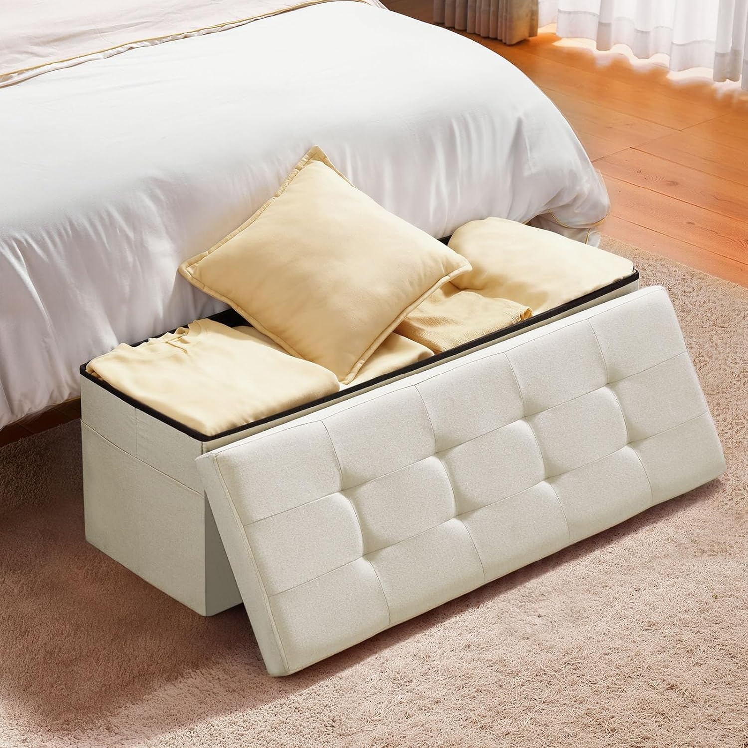 image:imageVEVOR Foldable Storage Ottoman Bench End of Bed Bench with Side Bags Folding Upholstered Storage Chest Supports 660 lbs Linen Bed Ottoman with Large Space for Living Room Bedroom Entryway BeigeBeige