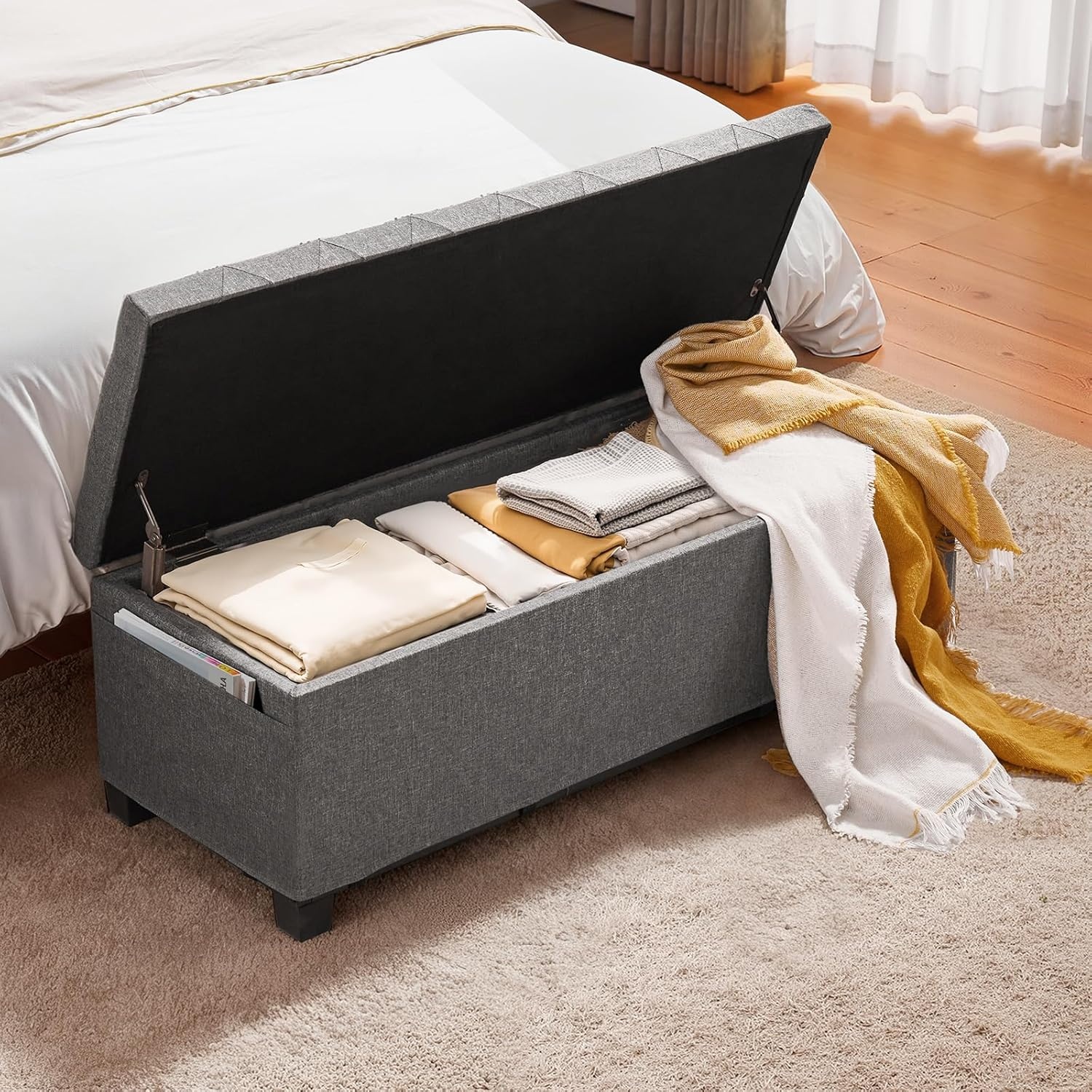 image:imageVEVOR Foldable Storage Ottoman Bench End of Bed Bench with Side Bags Folding Upholstered Storage Chest Supports 660 lbs Linen Bed Ottoman with Large Space for Living Room Bedroom Entryway BeigeGrey