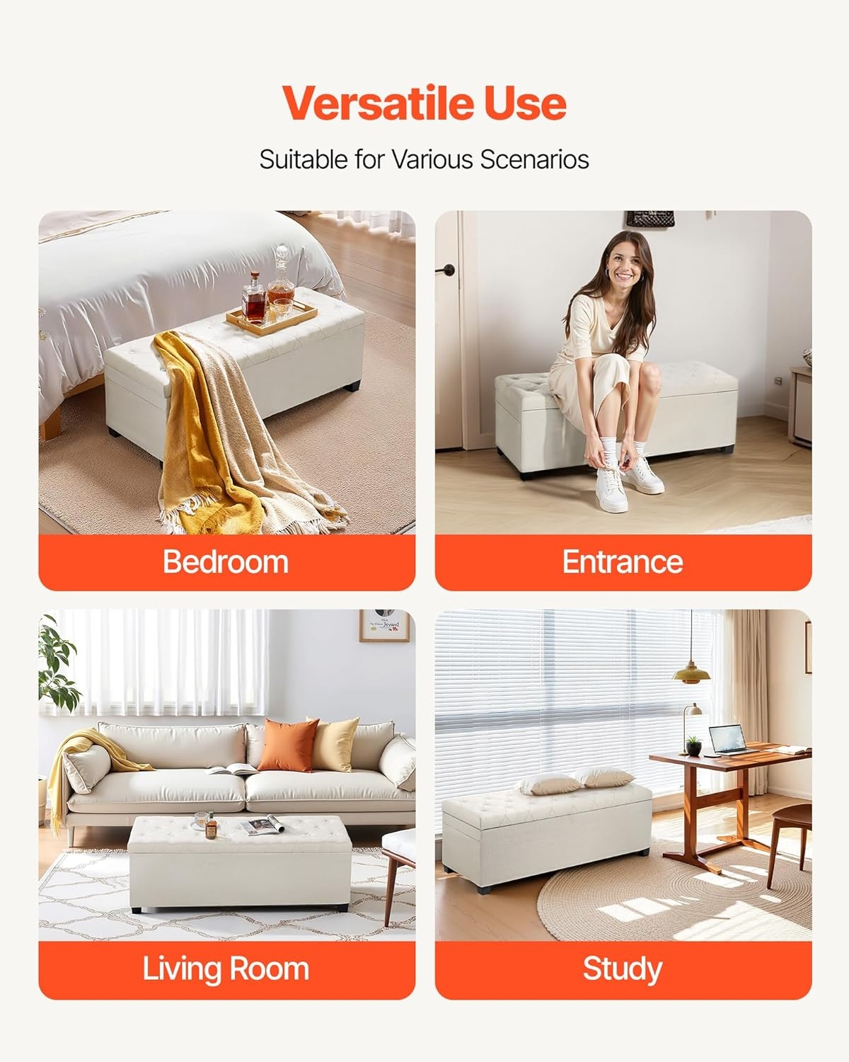 image:imageVEVOR Foldable Storage Ottoman Bench End of Bed Bench with Side Bags Folding Upholstered Storage Chest Supports 660 lbs Linen Bed Ottoman with Large Space for Living Room Bedroom Entryway BeigeBeige