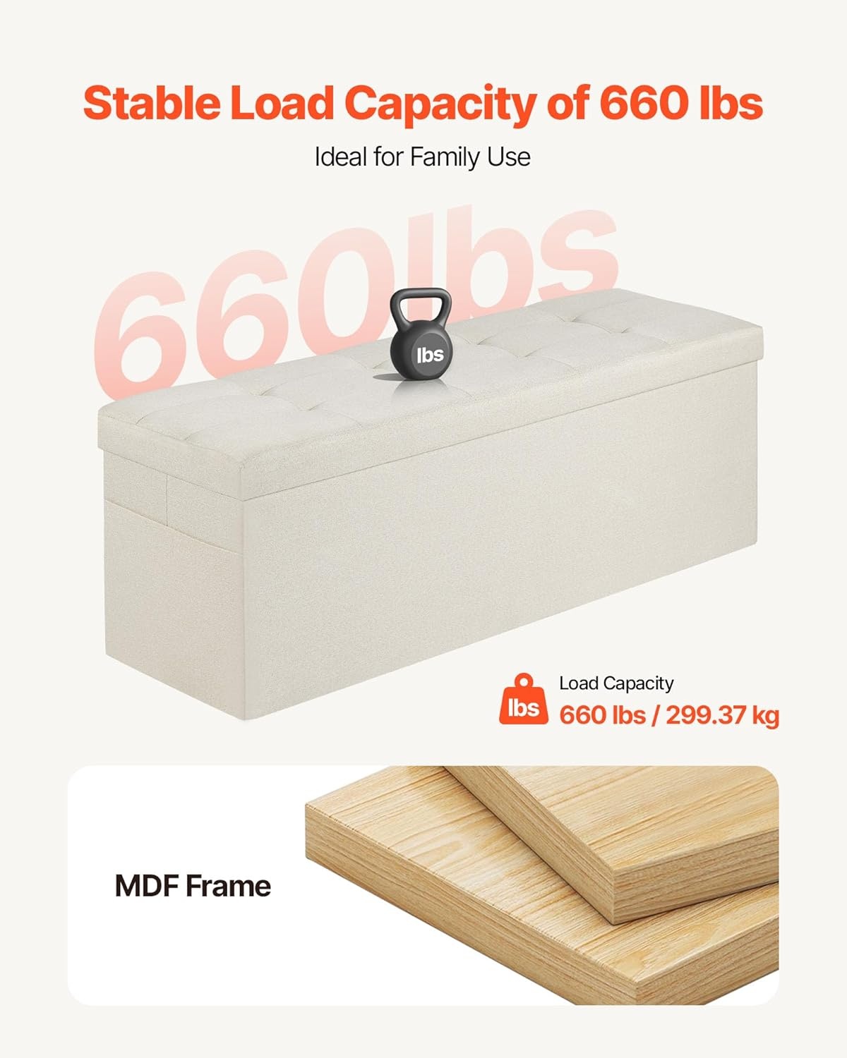 image:imageVEVOR Foldable Storage Ottoman Bench End of Bed Bench with Side Bags Folding Upholstered Storage Chest Supports 660 lbs Linen Bed Ottoman with Large Space for Living Room Bedroom Entryway BeigeBeige