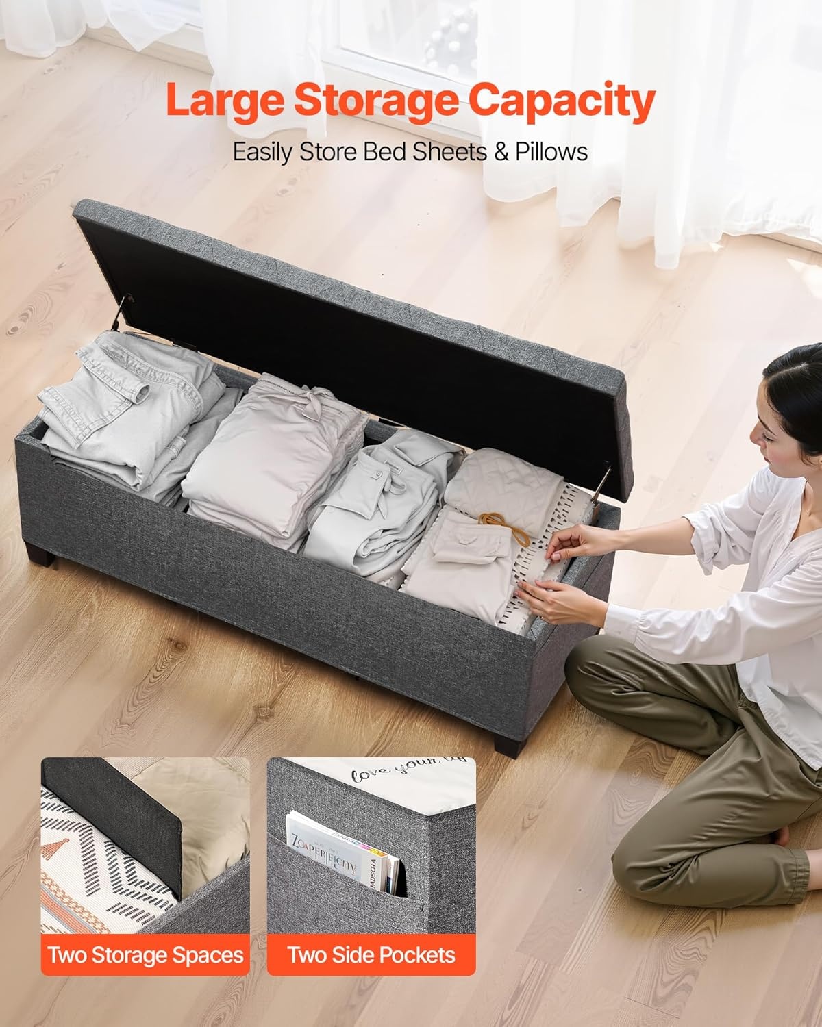 image:imageVEVOR Foldable Storage Ottoman Bench End of Bed Bench with Side Bags Folding Upholstered Storage Chest Supports 660 lbs Linen Bed Ottoman with Large Space for Living Room Bedroom Entryway BeigeGrey