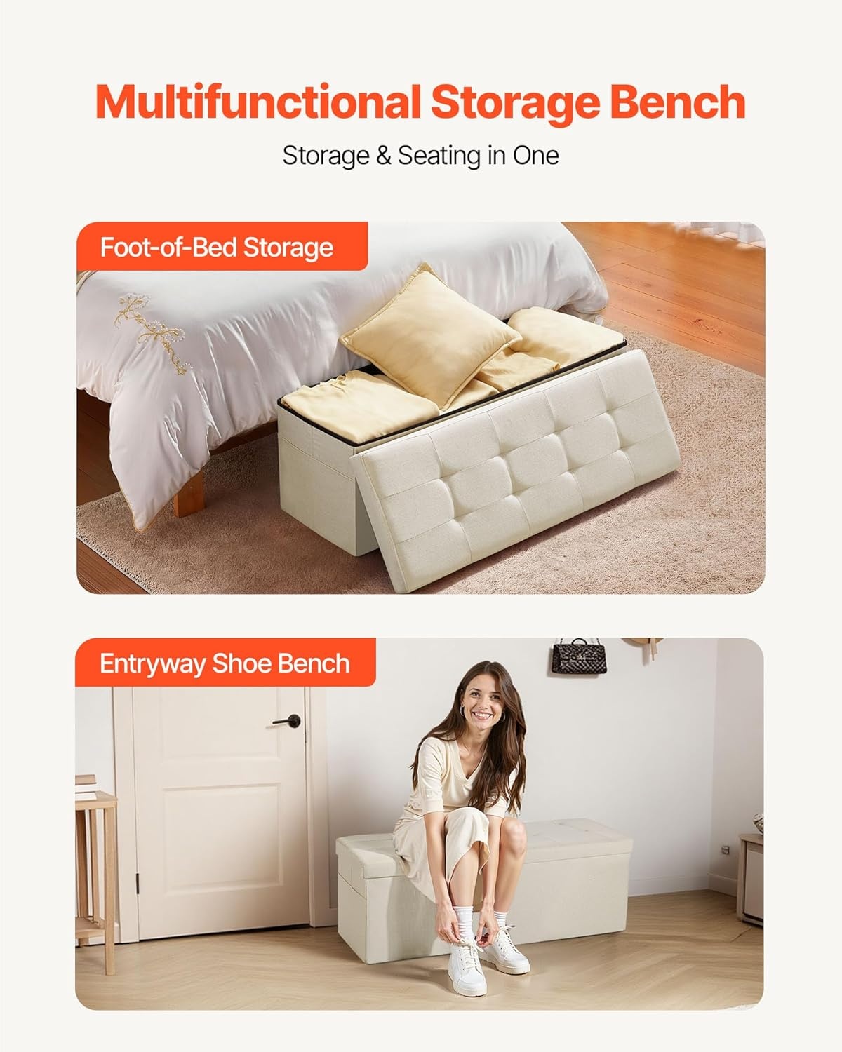 image:imageVEVOR Foldable Storage Ottoman Bench End of Bed Bench with Side Bags Folding Upholstered Storage Chest Supports 660 lbs Linen Bed Ottoman with Large Space for Living Room Bedroom Entryway BeigeBeige