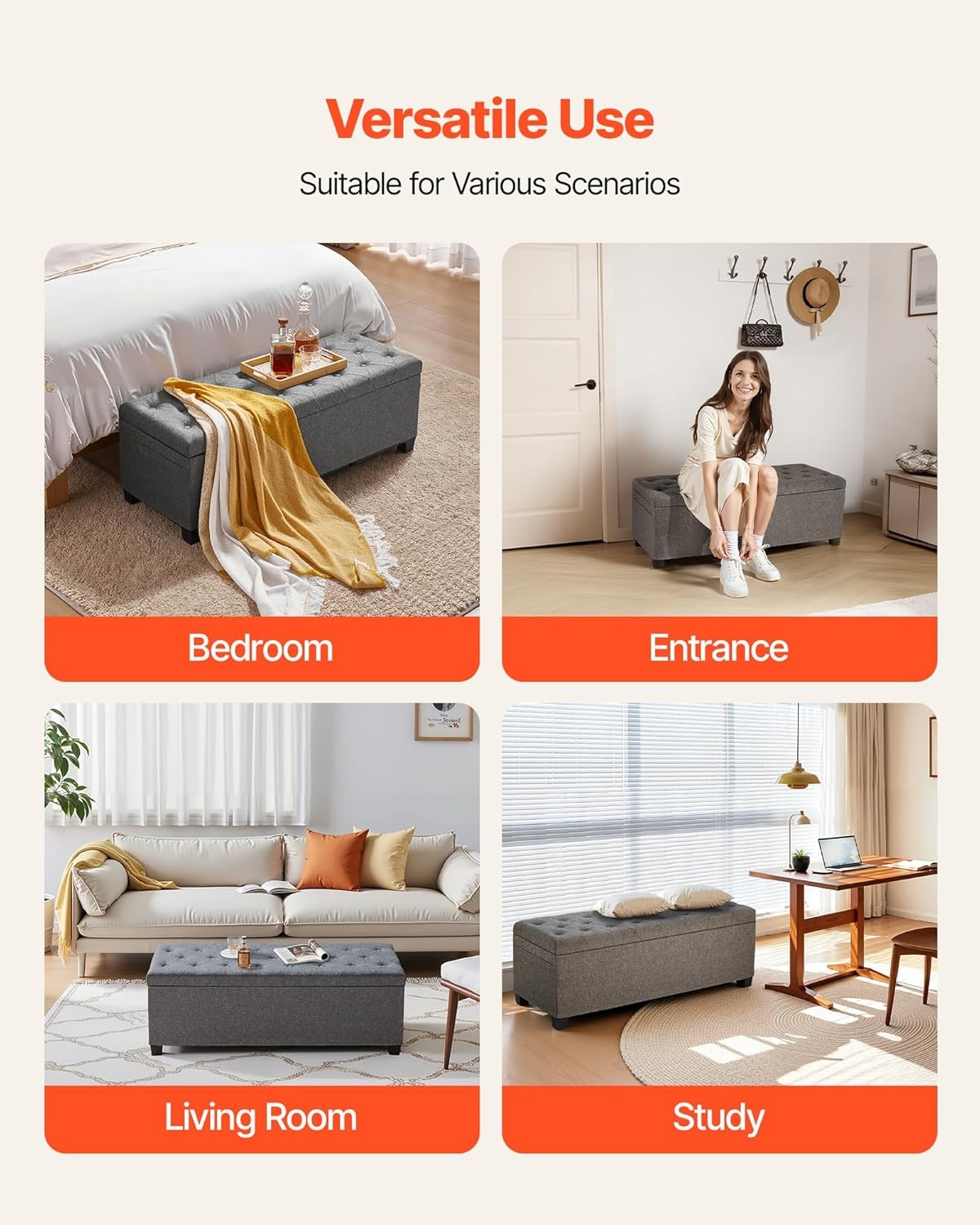 image:imageVEVOR Foldable Storage Ottoman Bench End of Bed Bench with Side Bags Folding Upholstered Storage Chest Supports 660 lbs Linen Bed Ottoman with Large Space for Living Room Bedroom Entryway BeigeGrey
