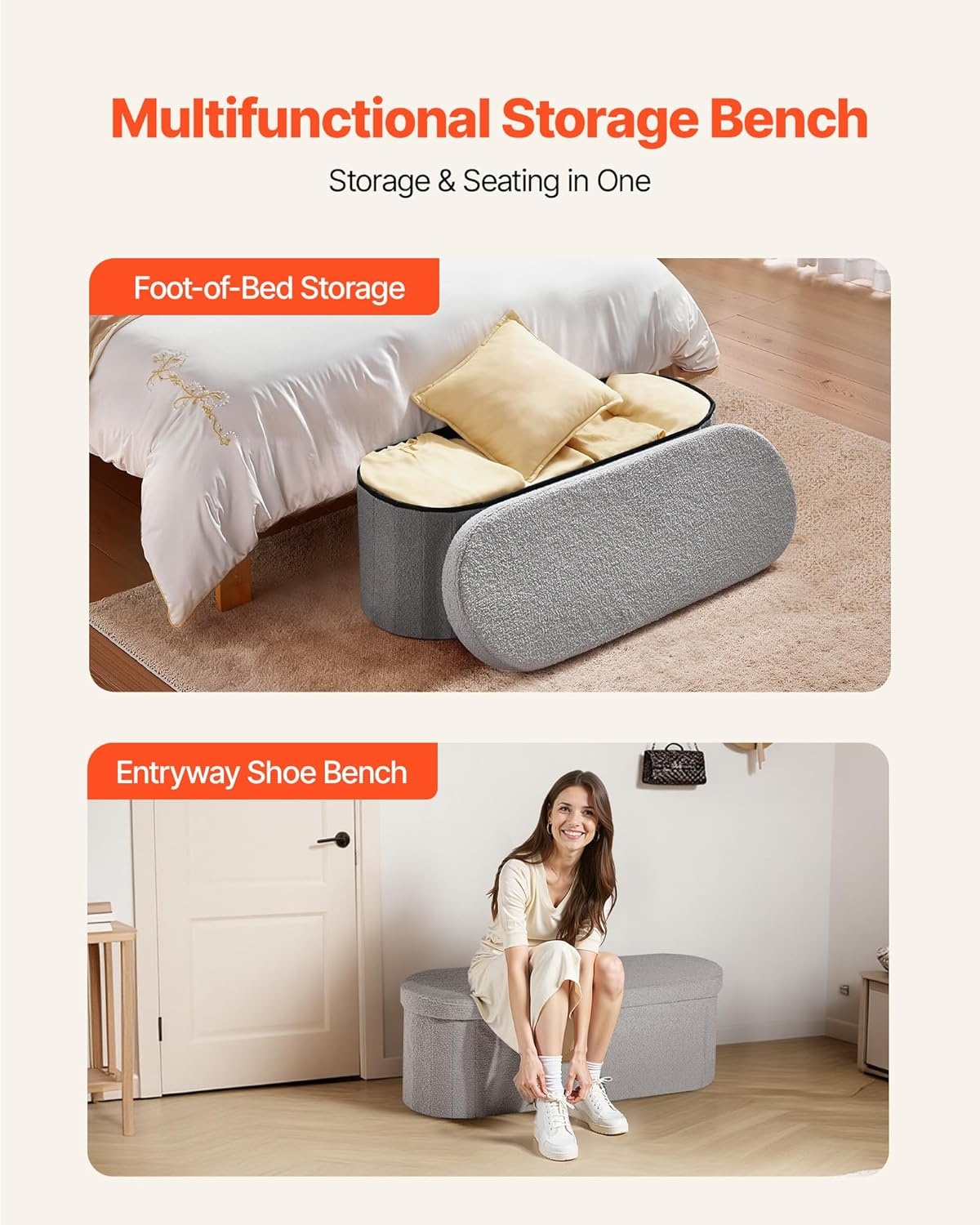 image:imageVEVOR Foldable Storage Ottoman Bench End of Bed Bench with Side Bags Folding Upholstered Storage Chest Supports 660 lbs Linen Bed Ottoman with Large Space for Living Room Bedroom Entryway BeigeGrey