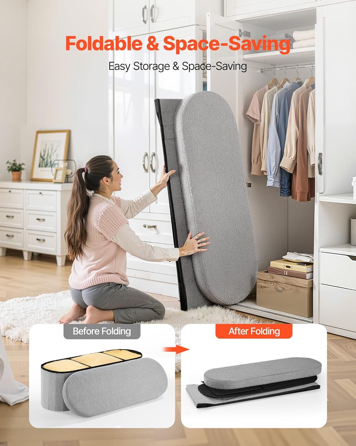 image:imageVEVOR Foldable Storage Ottoman Bench End of Bed Bench with Side Bags Folding Upholstered Storage Chest Supports 660 lbs Linen Bed Ottoman with Large Space for Living Room Bedroom Entryway BeigeGrey