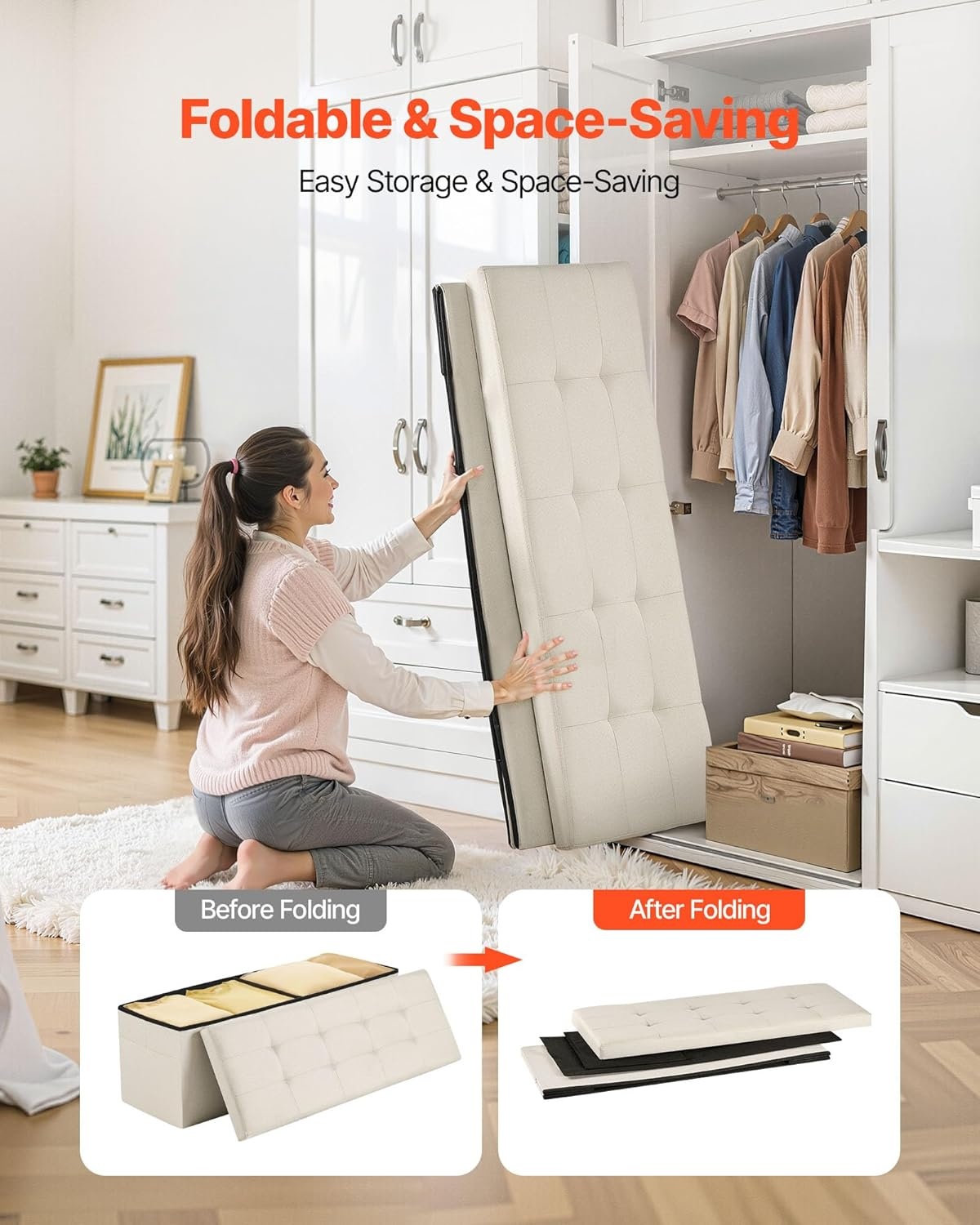 image:imageVEVOR Foldable Storage Ottoman Bench End of Bed Bench with Side Bags Folding Upholstered Storage Chest Supports 660 lbs Linen Bed Ottoman with Large Space for Living Room Bedroom Entryway BeigeBeige