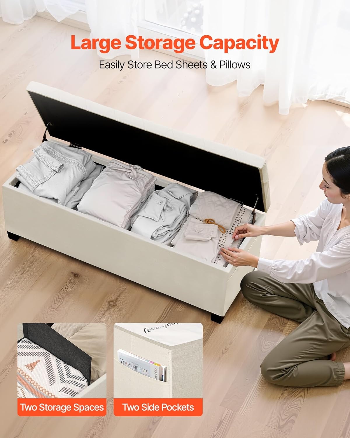 image:imageVEVOR Foldable Storage Ottoman Bench End of Bed Bench with Side Bags Folding Upholstered Storage Chest Supports 660 lbs Linen Bed Ottoman with Large Space for Living Room Bedroom Entryway BeigeBeige