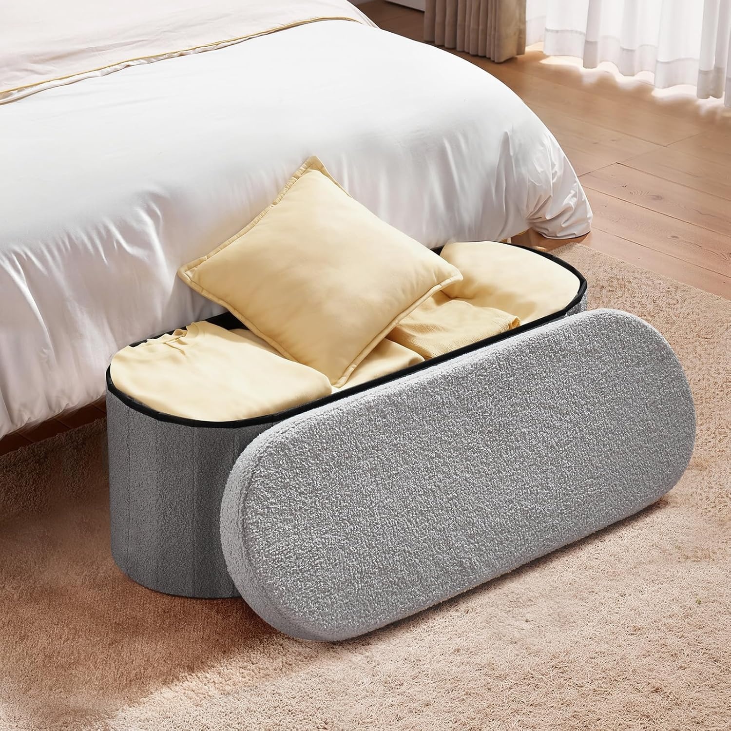 image:imageVEVOR Foldable Storage Ottoman Bench End of Bed Bench with Side Bags Folding Upholstered Storage Chest Supports 660 lbs Linen Bed Ottoman with Large Space for Living Room Bedroom Entryway BeigeGrey
