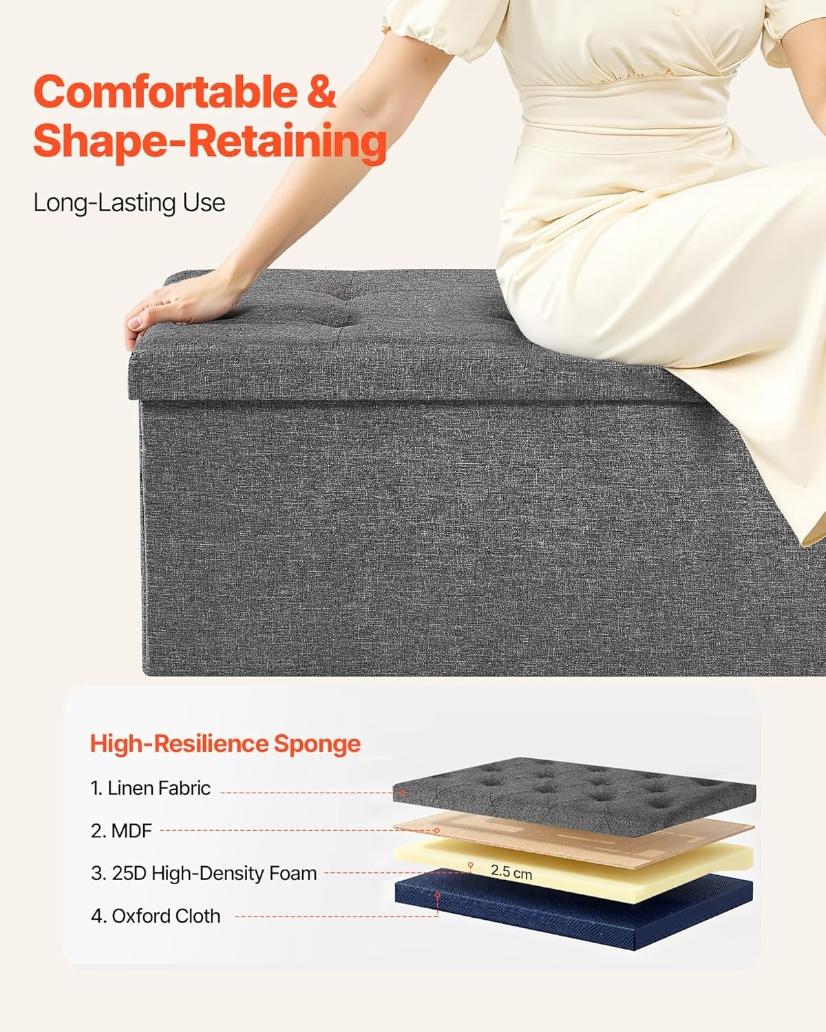 image:imageVEVOR Foldable Storage Ottoman Bench End of Bed Bench with Side Bags Folding Upholstered Storage Chest Supports 660 lbs Linen Bed Ottoman with Large Space for Living Room Bedroom Entryway BeigeGrey