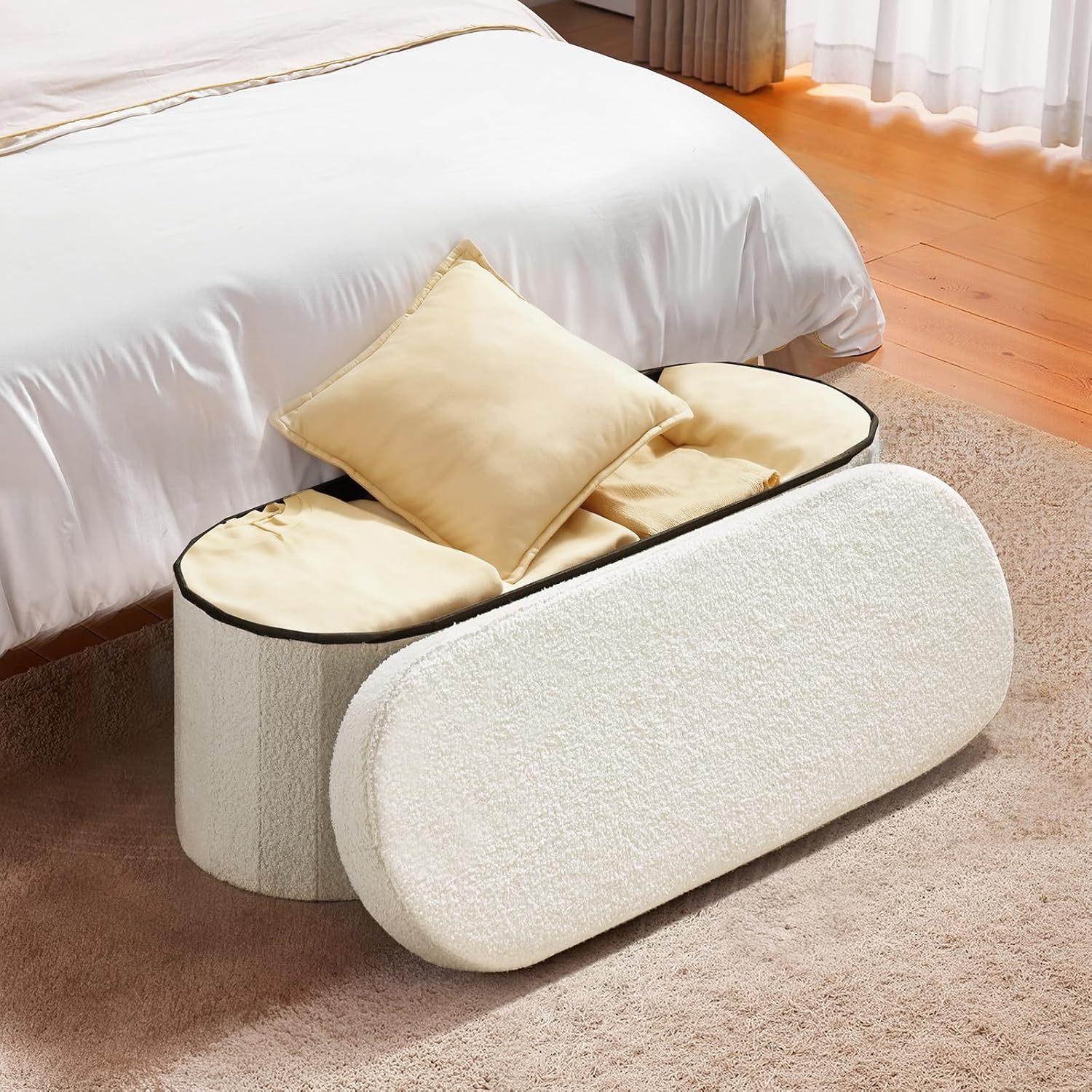image:imageVEVOR Foldable Storage Ottoman Bench End of Bed Bench with Side Bags Folding Upholstered Storage Chest Supports 660 lbs Linen Bed Ottoman with Large Space for Living Room Bedroom Entryway BeigeBeige