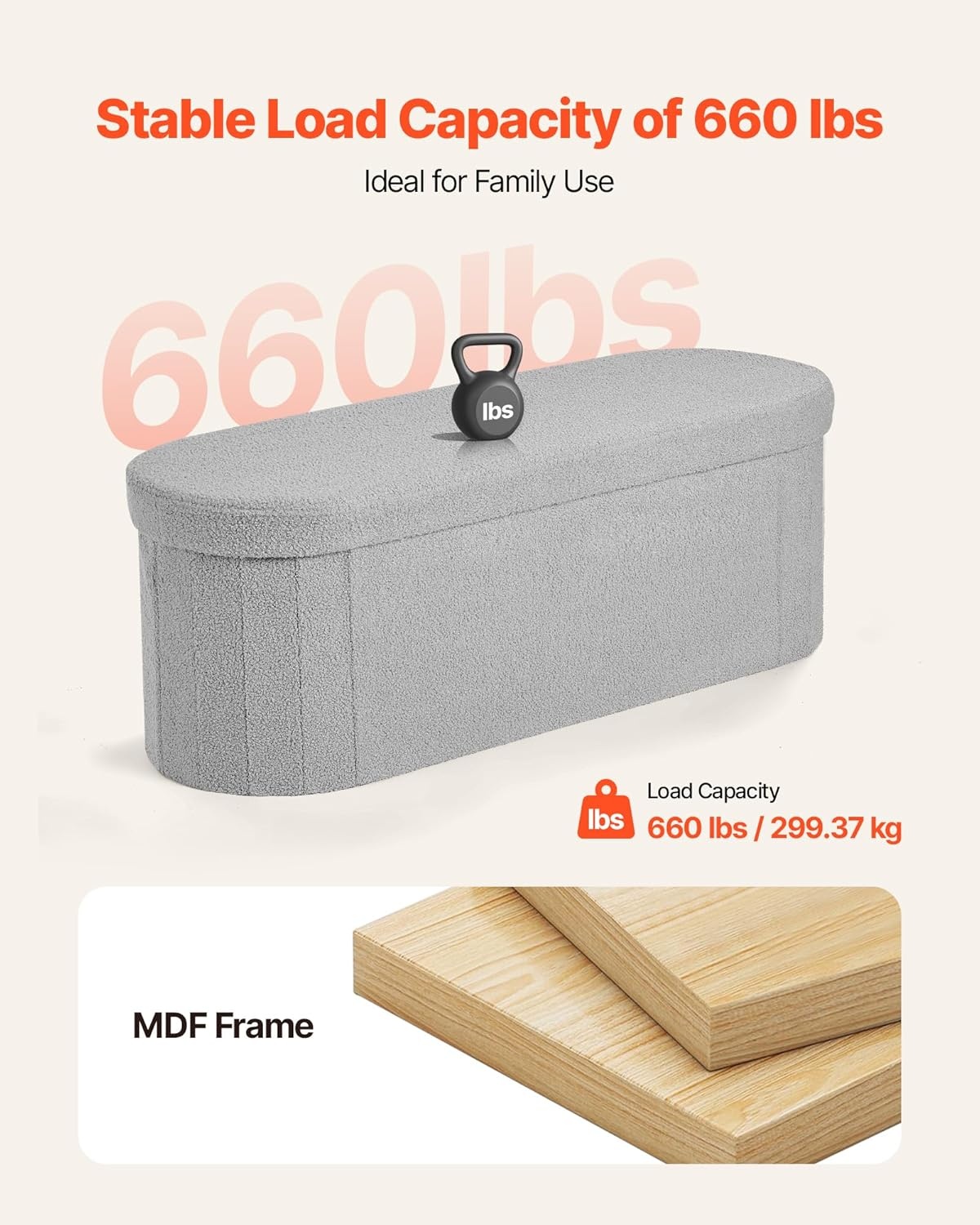 image:imageVEVOR Foldable Storage Ottoman Bench End of Bed Bench with Side Bags Folding Upholstered Storage Chest Supports 660 lbs Linen Bed Ottoman with Large Space for Living Room Bedroom Entryway BeigeGrey