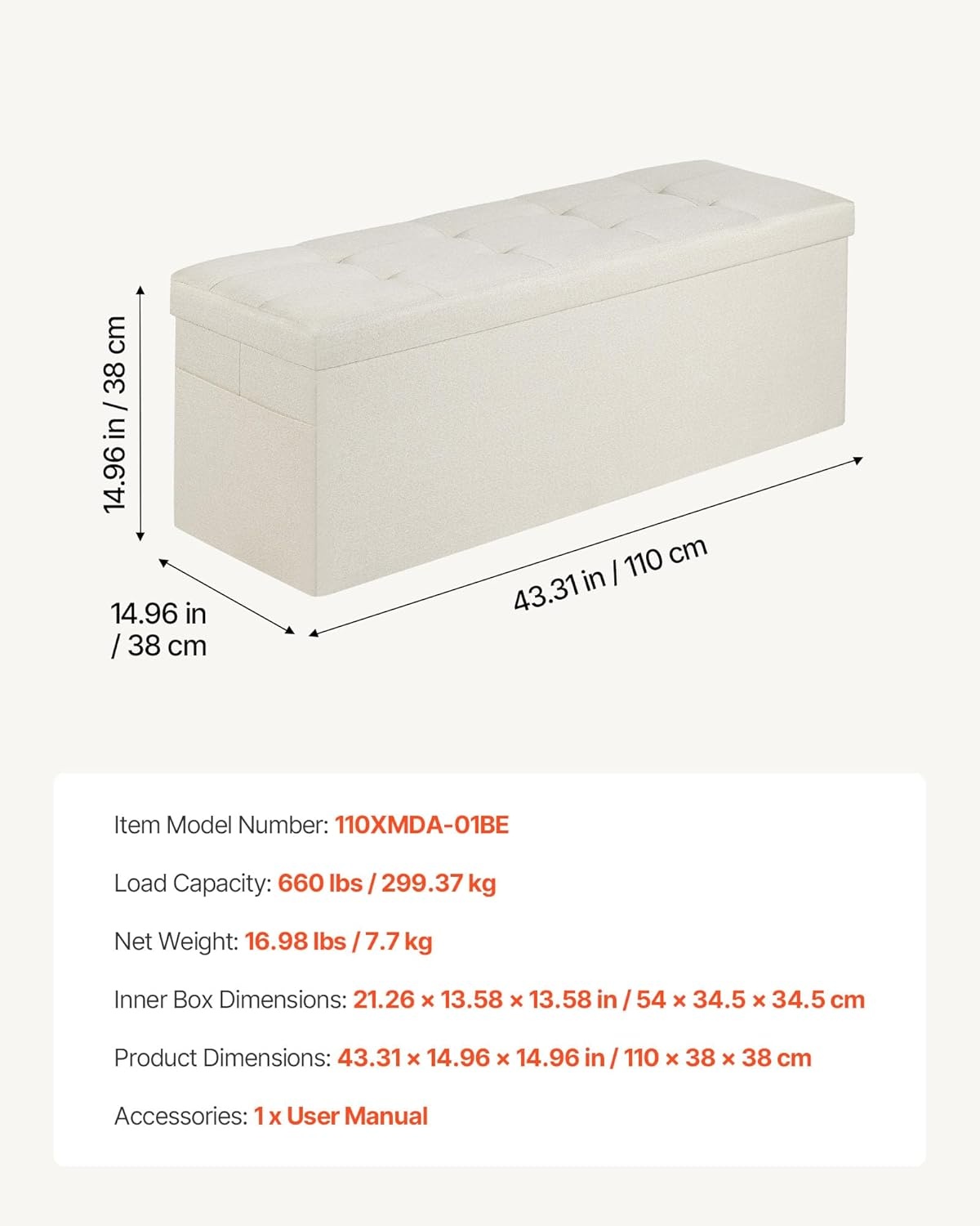 image:imageVEVOR Foldable Storage Ottoman Bench End of Bed Bench with Side Bags Folding Upholstered Storage Chest Supports 660 lbs Linen Bed Ottoman with Large Space for Living Room Bedroom Entryway BeigeBeige