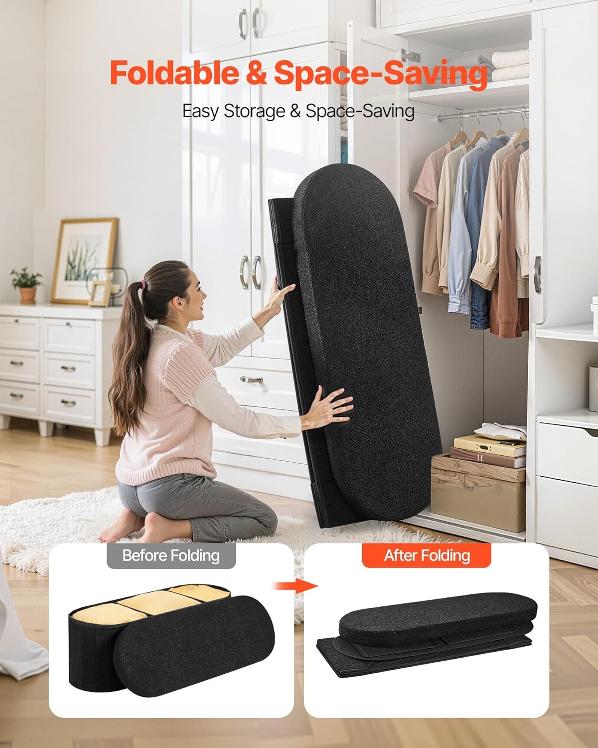 image:imageVEVOR Foldable Storage Ottoman Bench End of Bed Bench with Side Bags Folding Upholstered Storage Chest Supports 660 lbs Linen Bed Ottoman with Large Space for Living Room Bedroom Entryway BeigeBlack