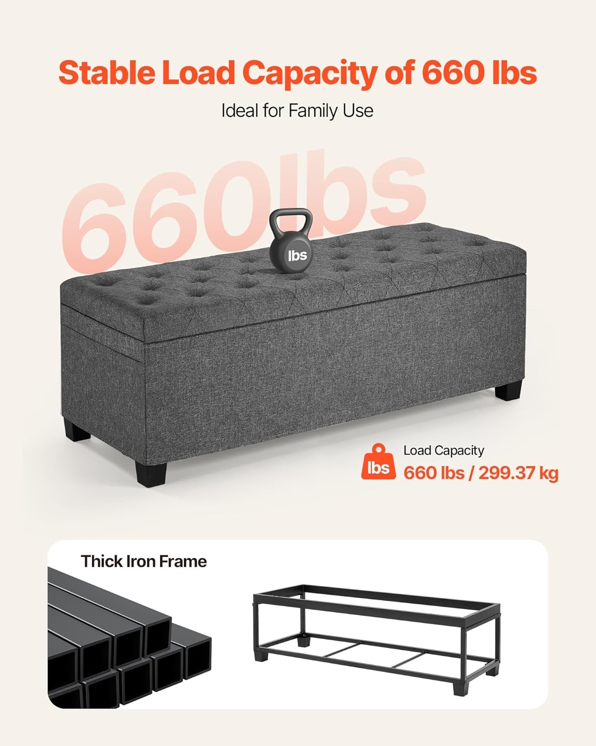 image:imageVEVOR Foldable Storage Ottoman Bench End of Bed Bench with Side Bags Folding Upholstered Storage Chest Supports 660 lbs Linen Bed Ottoman with Large Space for Living Room Bedroom Entryway BeigeGrey