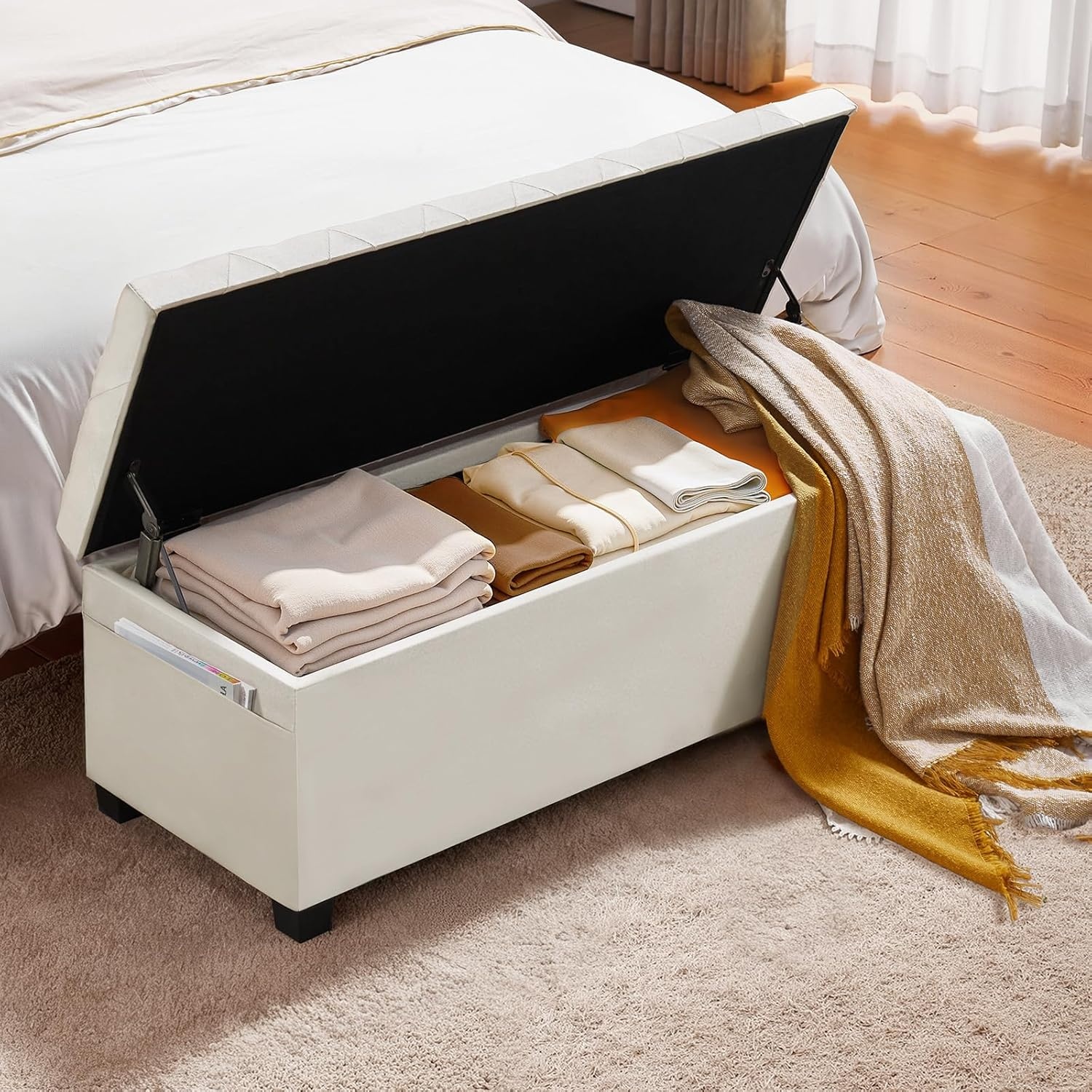 image:imageVEVOR Foldable Storage Ottoman Bench End of Bed Bench with Side Bags Folding Upholstered Storage Chest Supports 660 lbs Linen Bed Ottoman with Large Space for Living Room Bedroom Entryway BeigeBeige