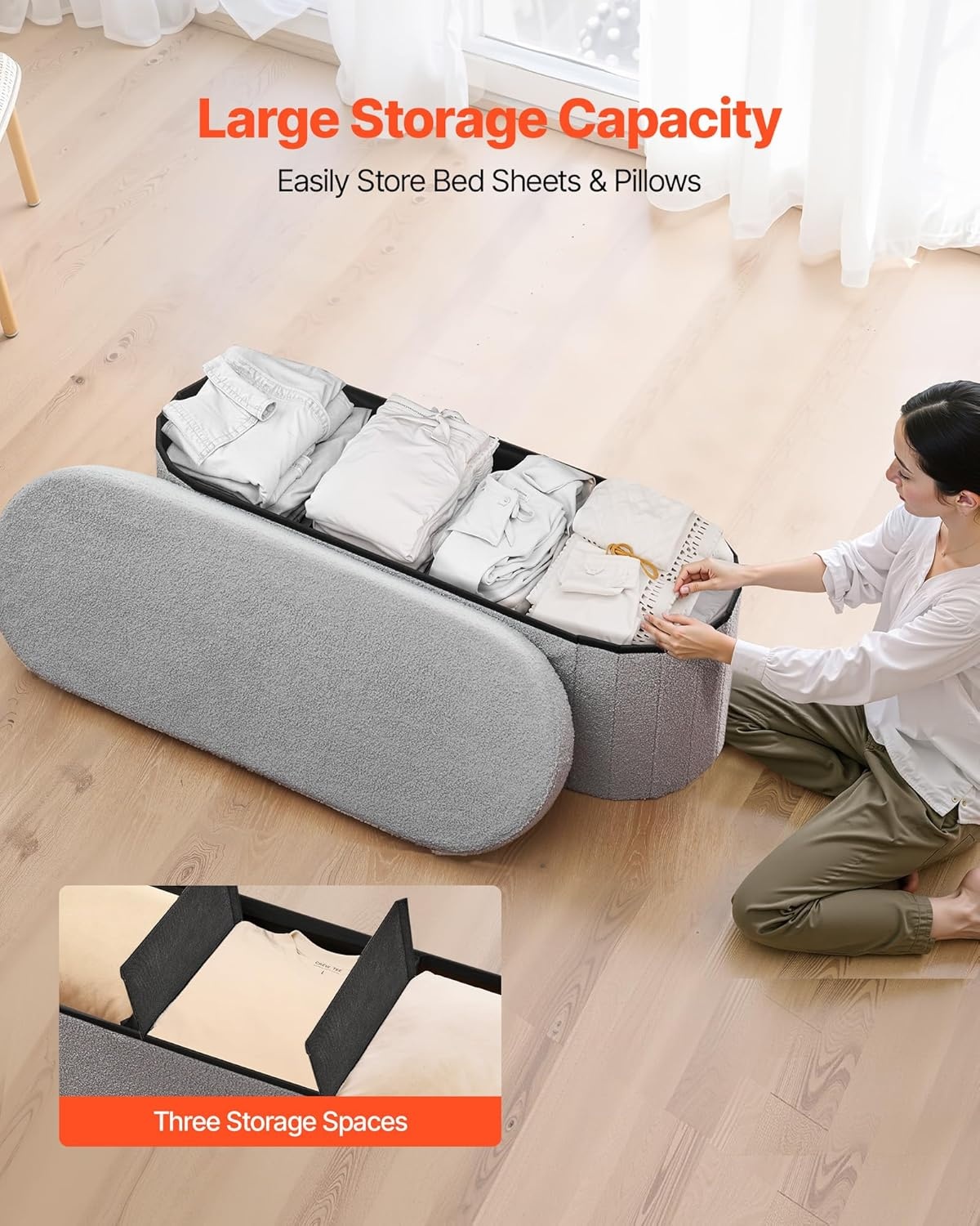 image:imageVEVOR Foldable Storage Ottoman Bench End of Bed Bench with Side Bags Folding Upholstered Storage Chest Supports 660 lbs Linen Bed Ottoman with Large Space for Living Room Bedroom Entryway BeigeGrey