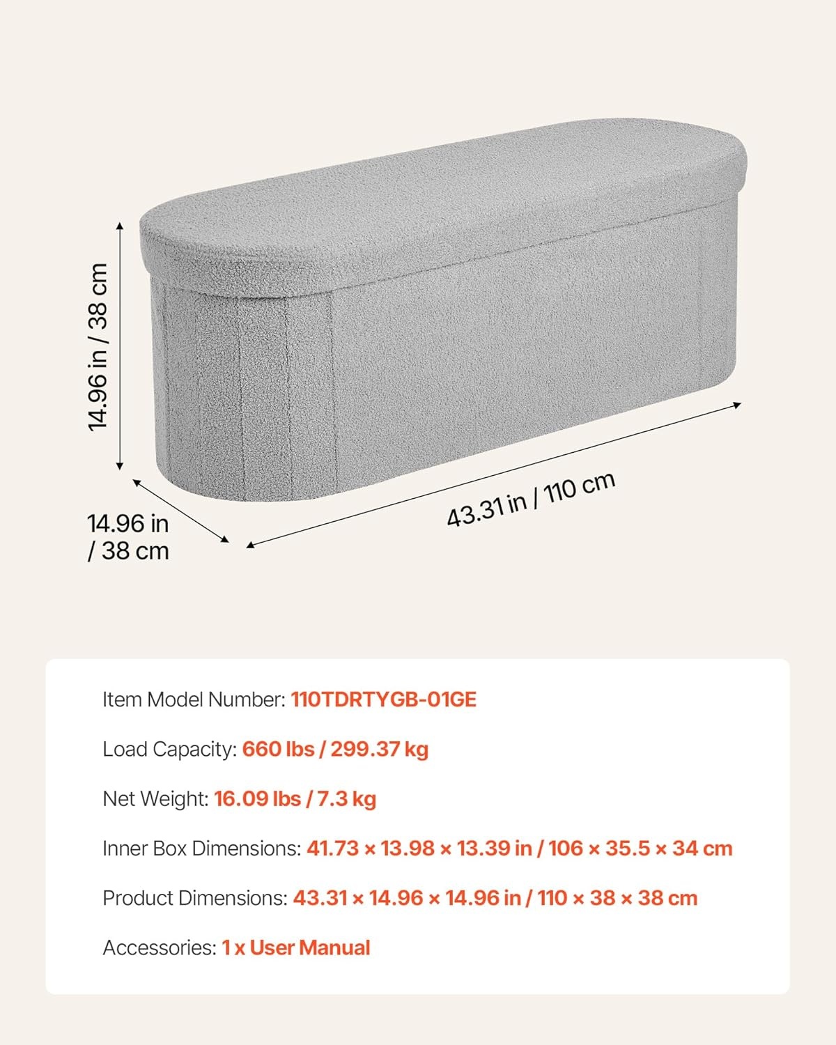 image:imageVEVOR Foldable Storage Ottoman Bench End of Bed Bench with Side Bags Folding Upholstered Storage Chest Supports 660 lbs Linen Bed Ottoman with Large Space for Living Room Bedroom Entryway BeigeGrey