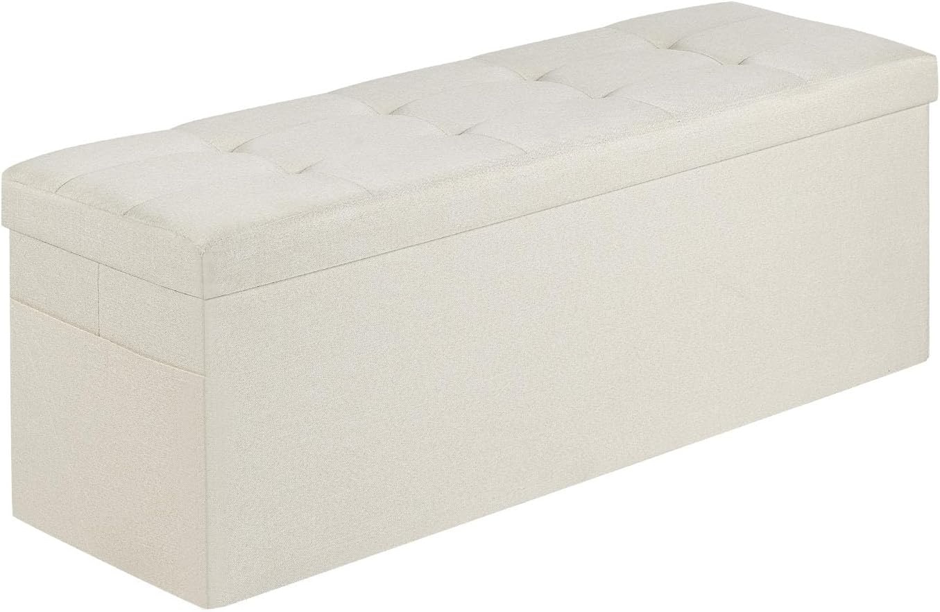 image:imageVEVOR Foldable Storage Ottoman Bench End of Bed Bench with Side Bags Folding Upholstered Storage Chest Supports 660 lbs Linen Bed Ottoman with Large Space for Living Room Bedroom Entryway BeigeBeige