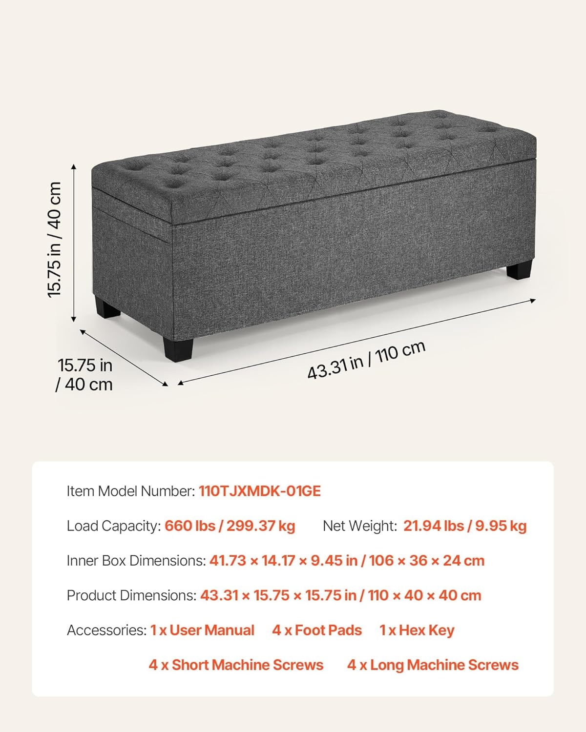image:imageVEVOR Foldable Storage Ottoman Bench End of Bed Bench with Side Bags Folding Upholstered Storage Chest Supports 660 lbs Linen Bed Ottoman with Large Space for Living Room Bedroom Entryway BeigeGrey