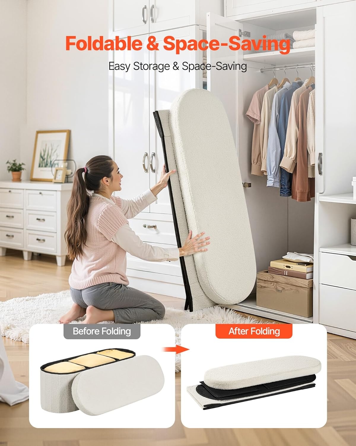 image:imageVEVOR Foldable Storage Ottoman Bench End of Bed Bench with Side Bags Folding Upholstered Storage Chest Supports 660 lbs Linen Bed Ottoman with Large Space for Living Room Bedroom Entryway BeigeBeige