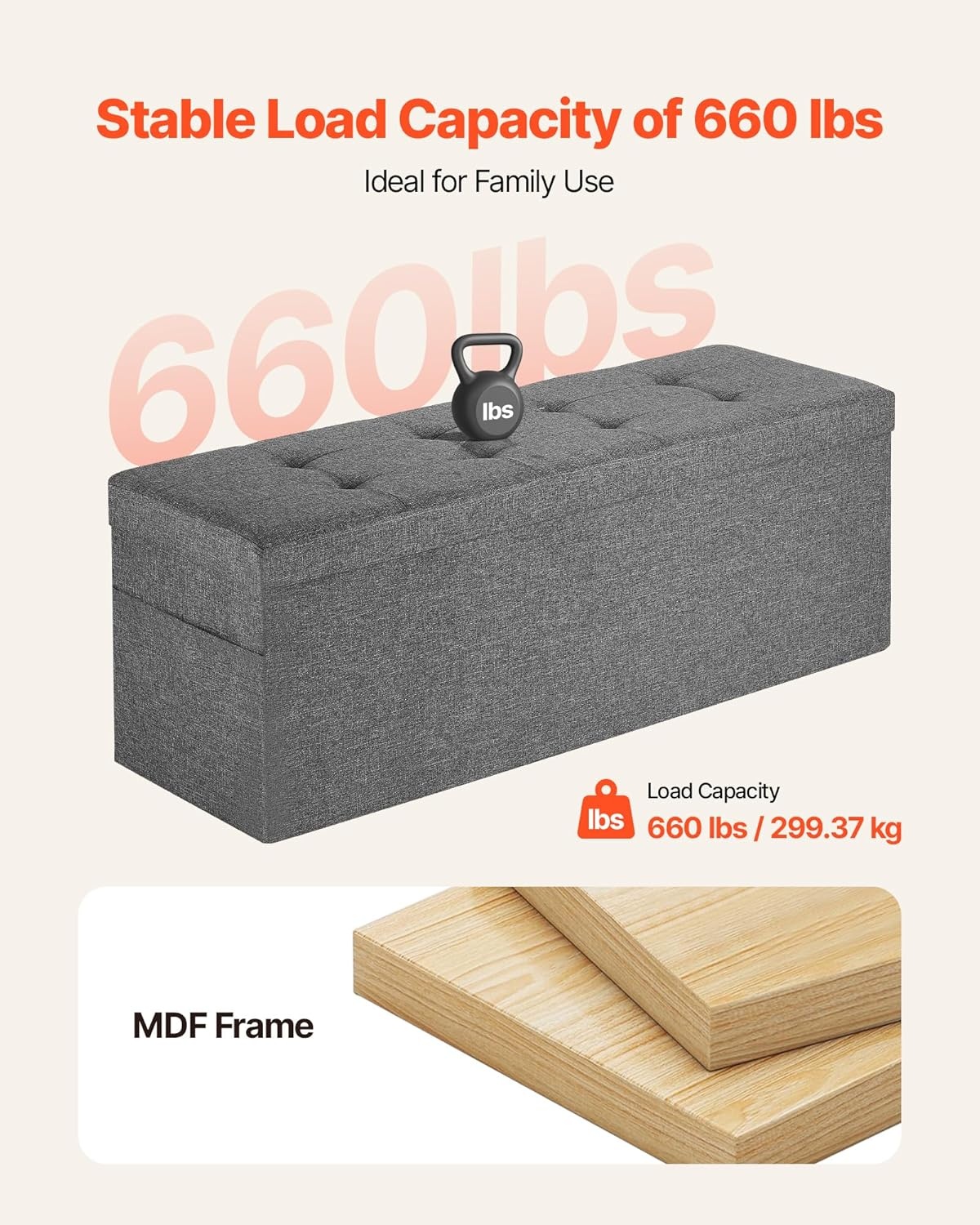 image:imageVEVOR Foldable Storage Ottoman Bench End of Bed Bench with Side Bags Folding Upholstered Storage Chest Supports 660 lbs Linen Bed Ottoman with Large Space for Living Room Bedroom Entryway BeigeGrey