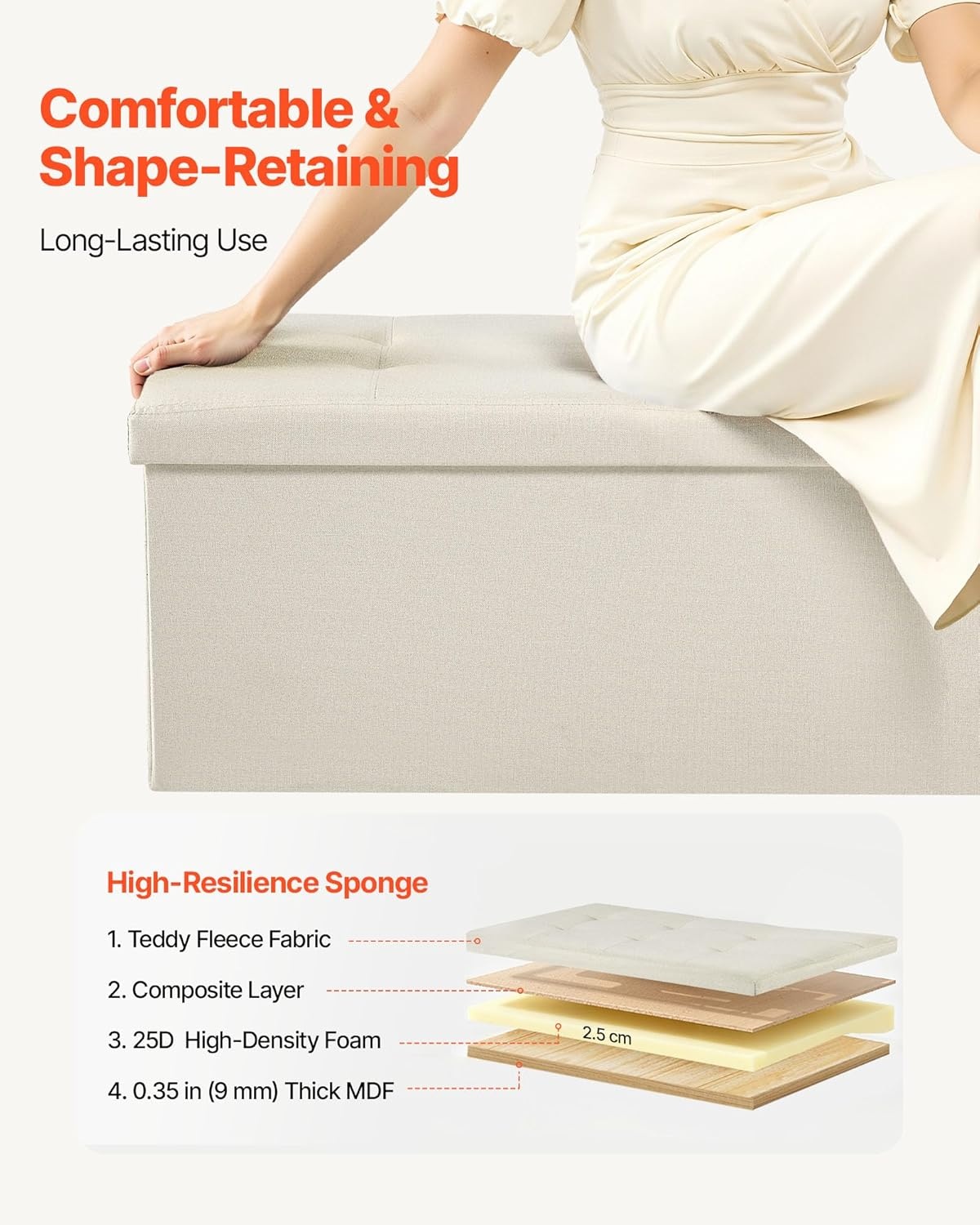 image:imageVEVOR Foldable Storage Ottoman Bench End of Bed Bench with Side Bags Folding Upholstered Storage Chest Supports 660 lbs Linen Bed Ottoman with Large Space for Living Room Bedroom Entryway BeigeBeige