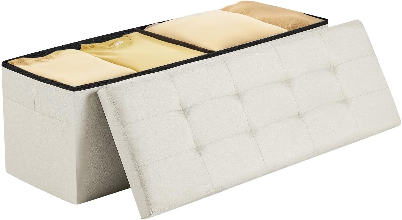 image:imageVEVOR Foldable Storage Ottoman Bench End of Bed Bench with Side Bags Folding Upholstered Storage Chest Supports 660 lbs Linen Bed Ottoman with Large Space for Living Room Bedroom Entryway BeigeBeige