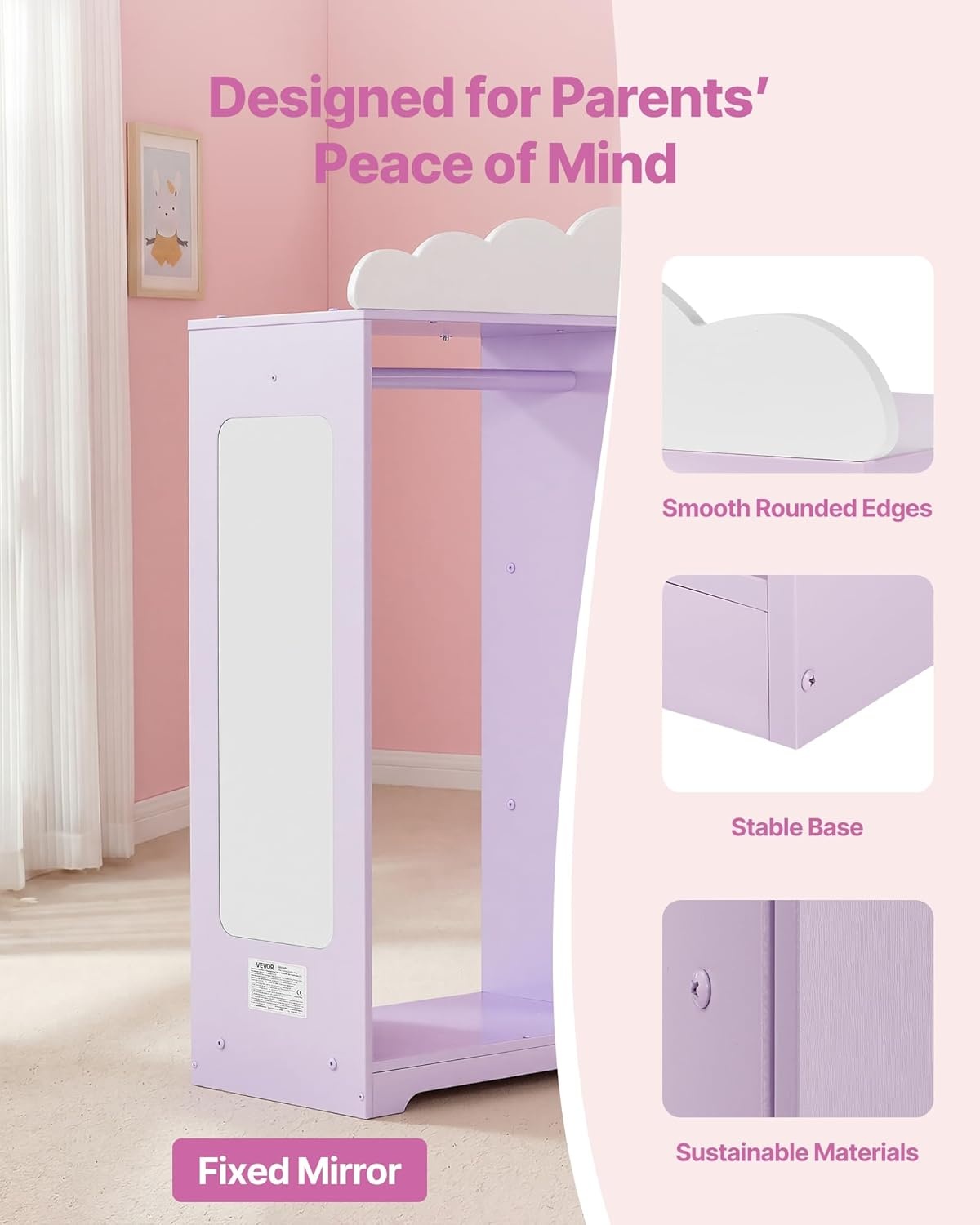 image:imageVEVOR Kids Dress Up Storage with Jewelry Cabinet Dress Up Closet with Mirror and Shelves Princess Costumes Wardrobe Closet Toddler Costume Organizer Armoire for Bedroom Kids Room Girls Purple