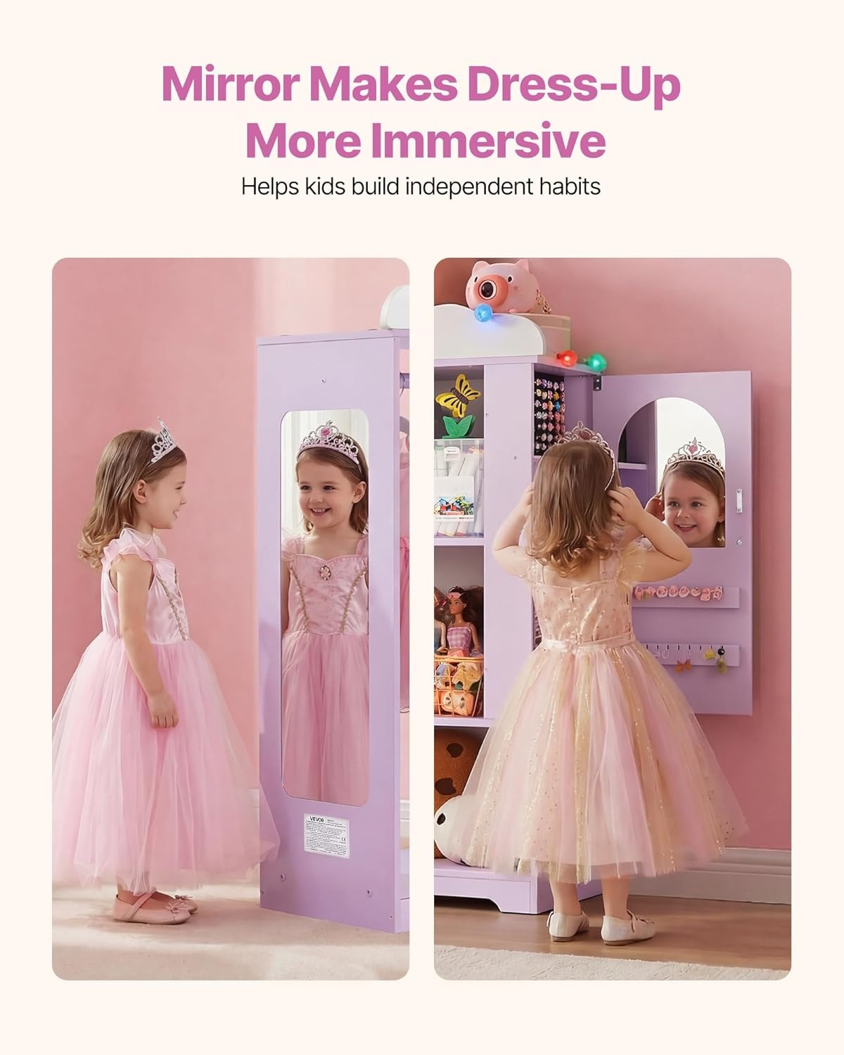 image:imageVEVOR Kids Dress Up Storage with Jewelry Cabinet Dress Up Closet with Mirror and Shelves Princess Costumes Wardrobe Closet Toddler Costume Organizer Armoire for Bedroom Kids Room Girls Purple