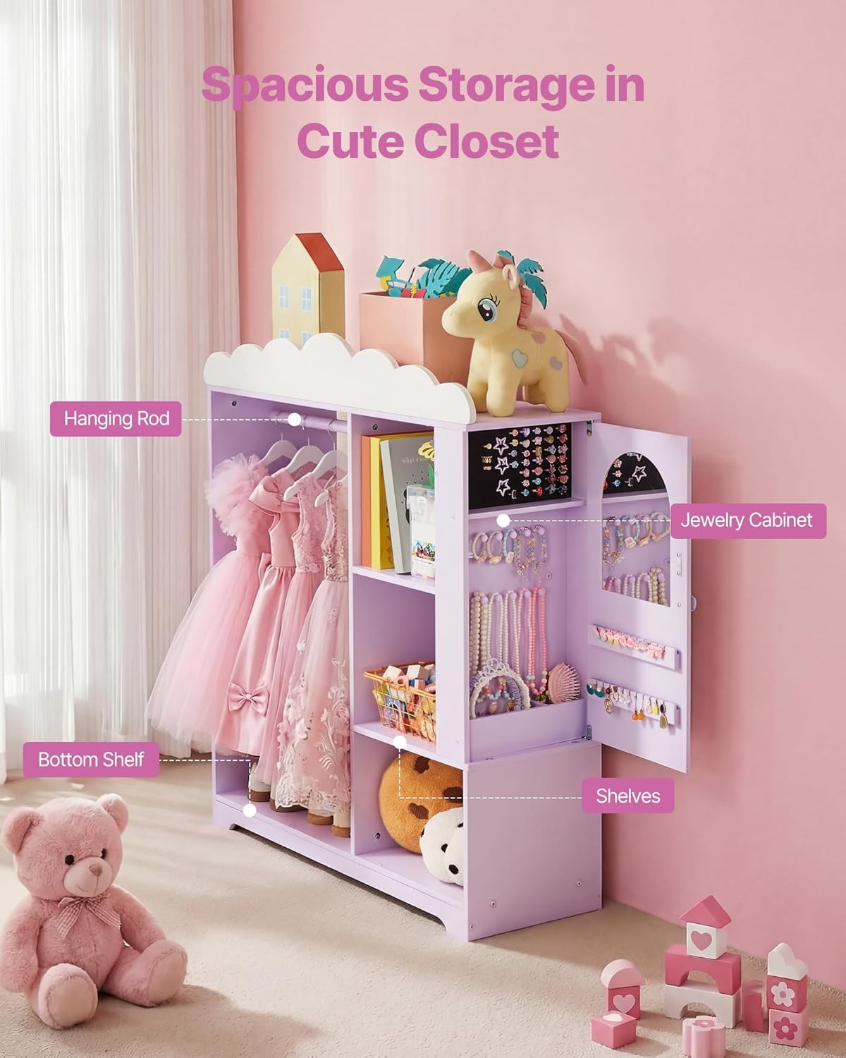 image:imageVEVOR Kids Dress Up Storage with Jewelry Cabinet Dress Up Closet with Mirror and Shelves Princess Costumes Wardrobe Closet Toddler Costume Organizer Armoire for Bedroom Kids Room Girls Purple