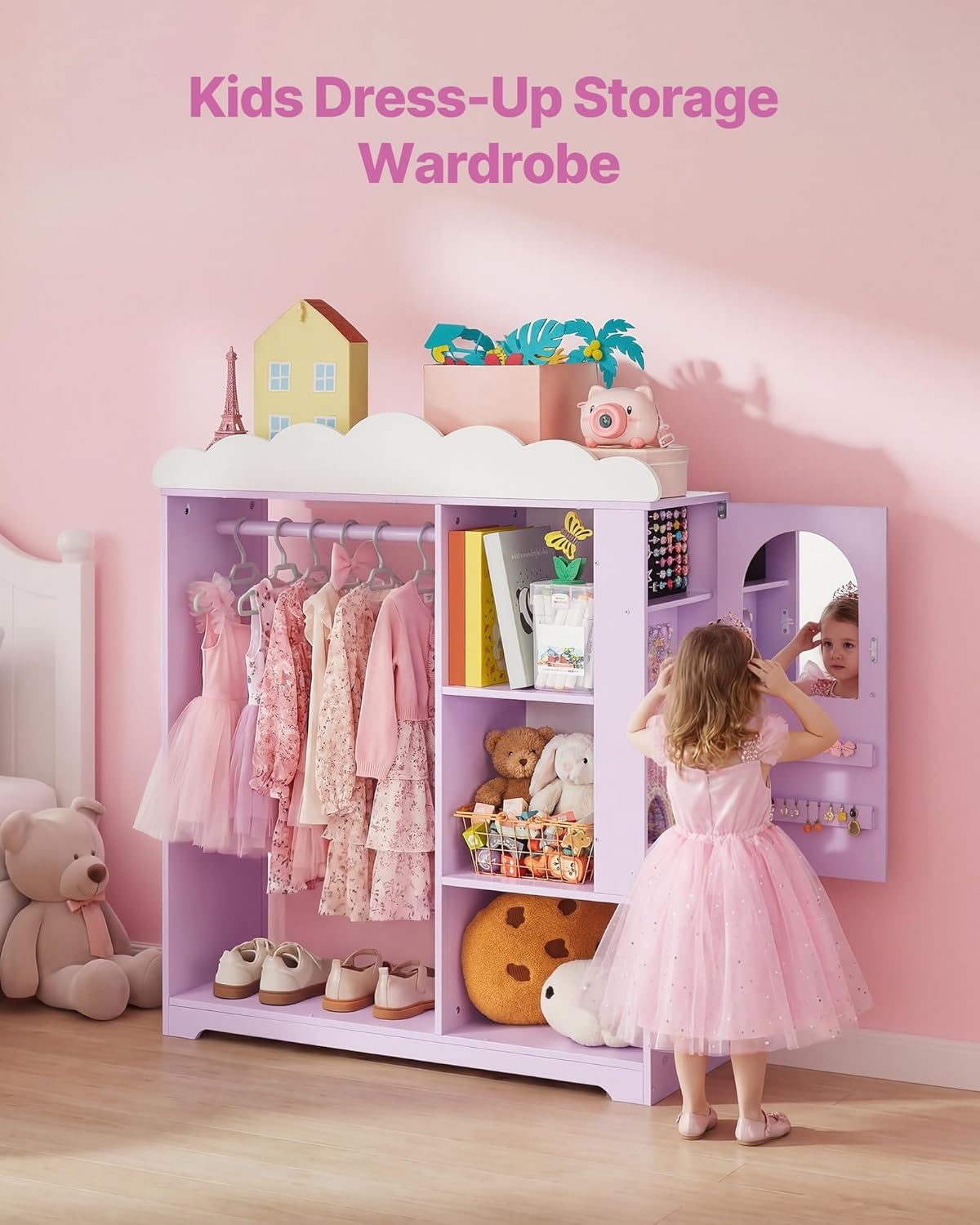 image:imageVEVOR Kids Dress Up Storage with Jewelry Cabinet Dress Up Closet with Mirror and Shelves Princess Costumes Wardrobe Closet Toddler Costume Organizer Armoire for Bedroom Kids Room Girls Purple