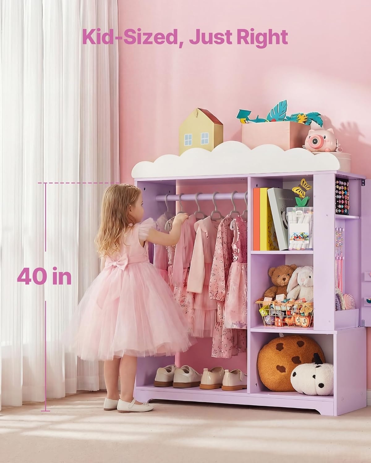 image:imageVEVOR Kids Dress Up Storage with Jewelry Cabinet Dress Up Closet with Mirror and Shelves Princess Costumes Wardrobe Closet Toddler Costume Organizer Armoire for Bedroom Kids Room Girls Purple