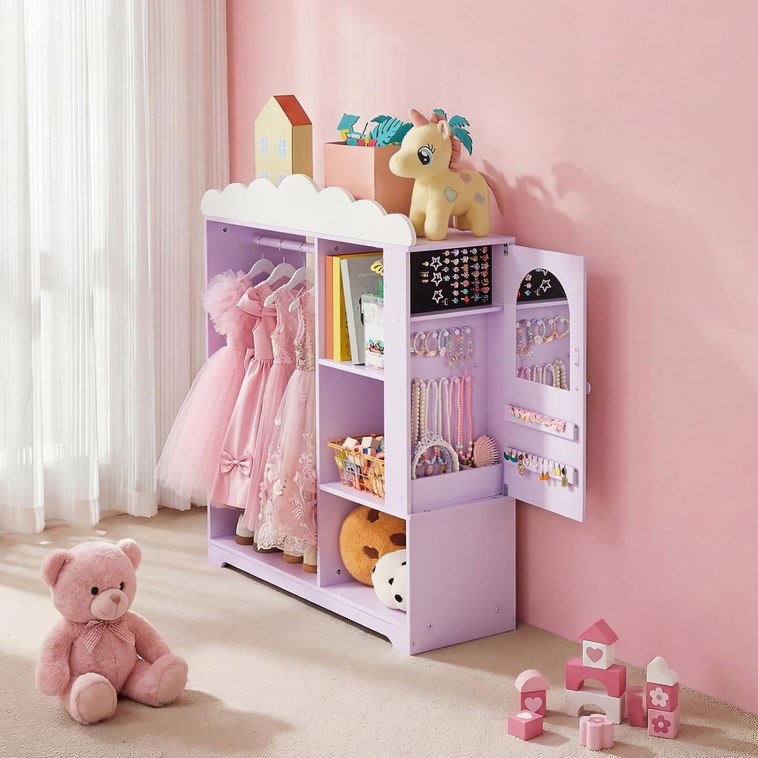 image:imageVEVOR Kids Dress Up Storage with Jewelry Cabinet Dress Up Closet with Mirror and Shelves Princess Costumes Wardrobe Closet Toddler Costume Organizer Armoire for Bedroom Kids Room Girls Purple