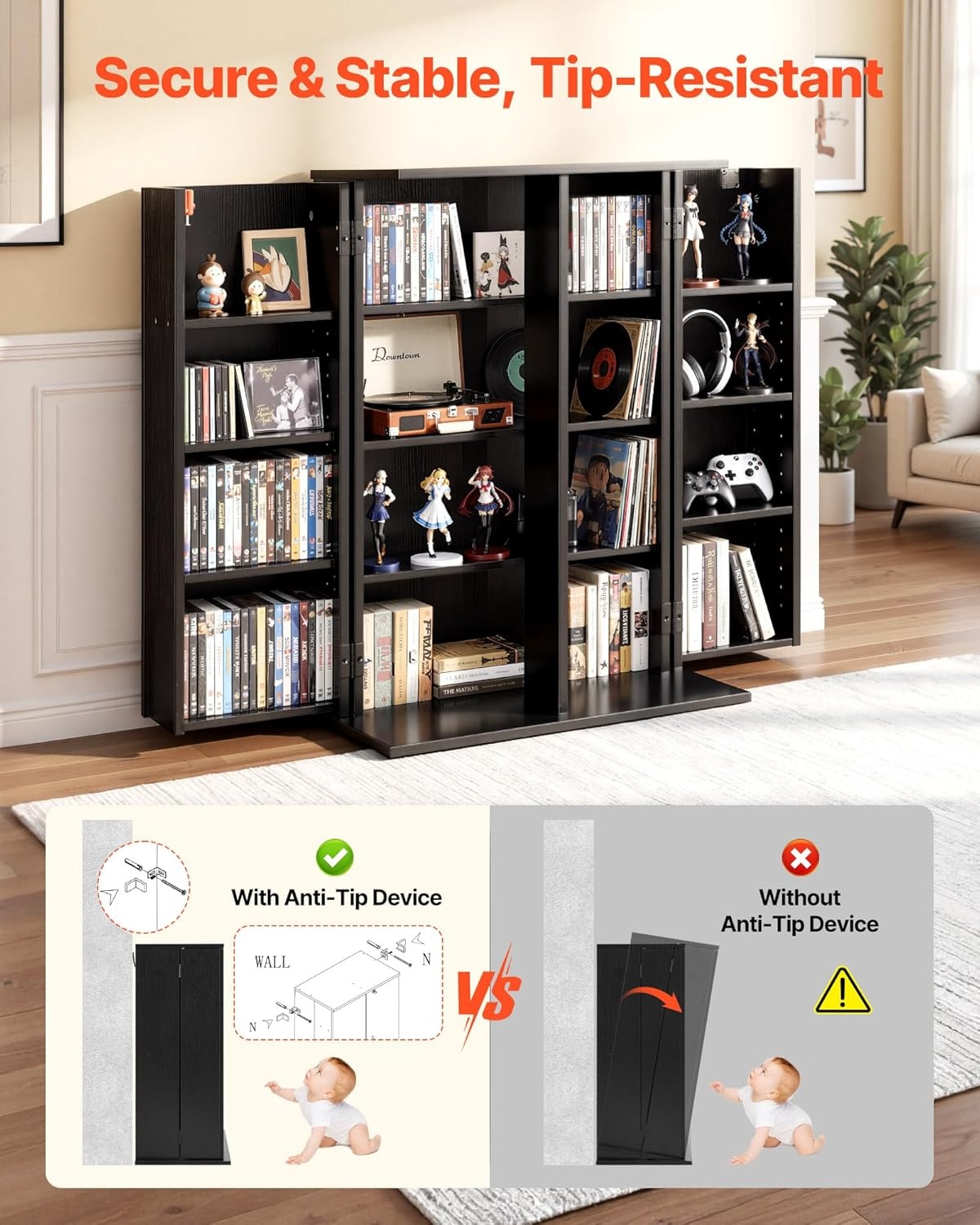 image:imageVEVOR Media Storage Cabinet 4Tier DVD Shelf Organizer 2402 x 1449 x 3331 in Multimedia Storage Organizer for CDs DVDs Books Games CD Shelf for Living Room Home Office Recording Room BlackBlack