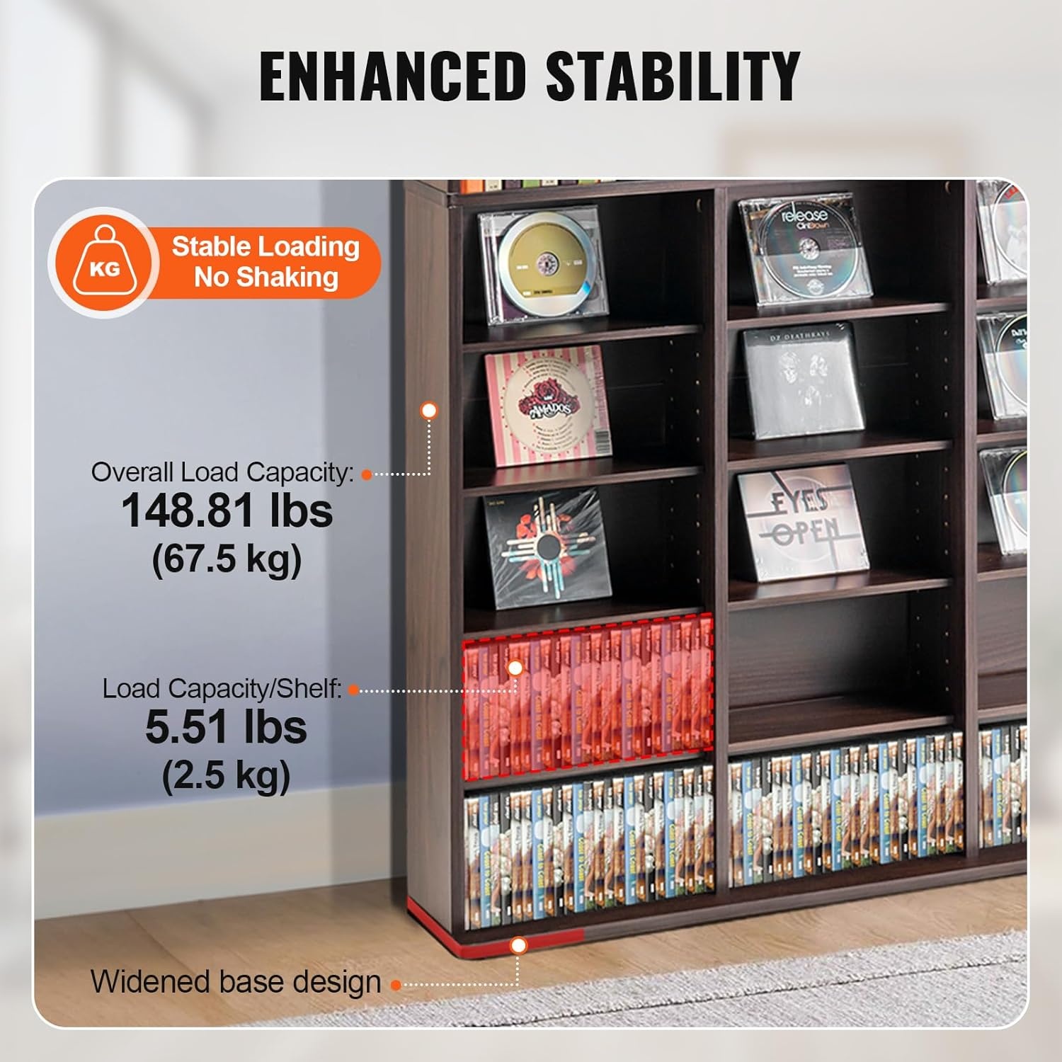 image:imageVEVOR Media Storage Cabinet 8Layer DVD Shelf Adjustable CD Shelves 16 Compartments Protects amp Organizes Music Movie Video Games or Memorabilia Collections EspressoEspresso