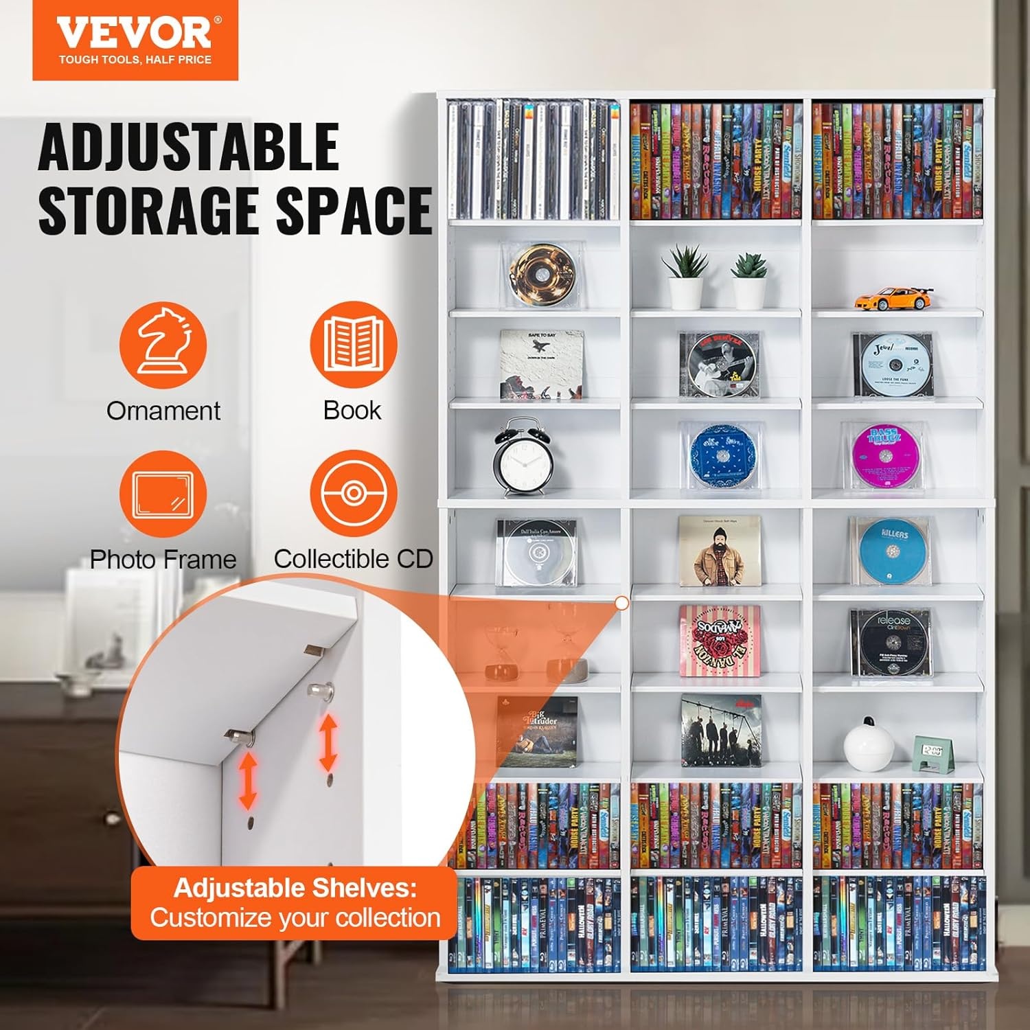 image:imageVEVOR Media Storage Cabinet 8Layer DVD Shelf Adjustable CD Shelves 16 Compartments Protects amp Organizes Music Movie Video Games or Memorabilia Collections EspressoWhite