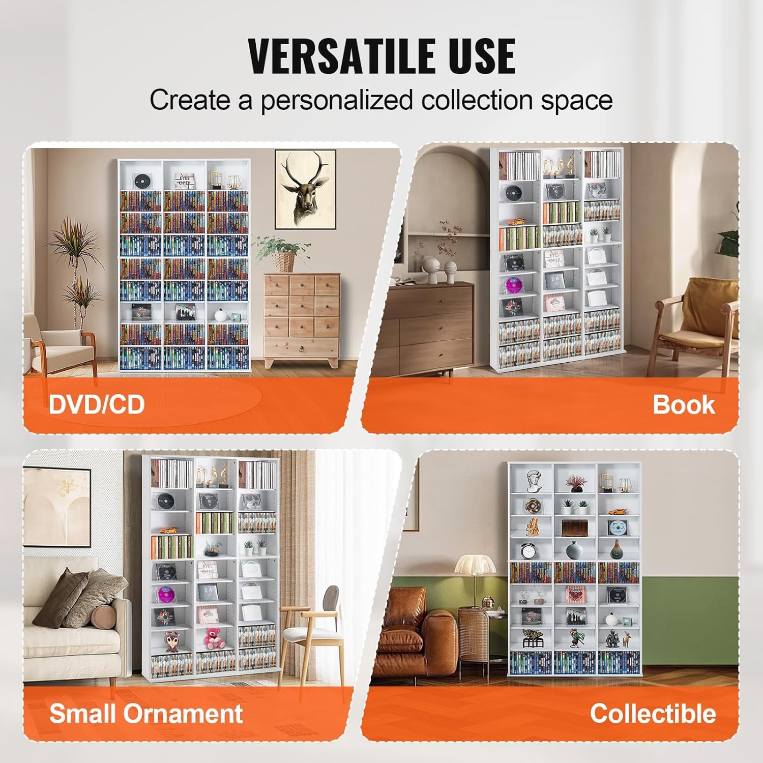 image:imageVEVOR Media Storage Cabinet 8Layer DVD Shelf Adjustable CD Shelves 16 Compartments Protects amp Organizes Music Movie Video Games or Memorabilia Collections EspressoWhite
