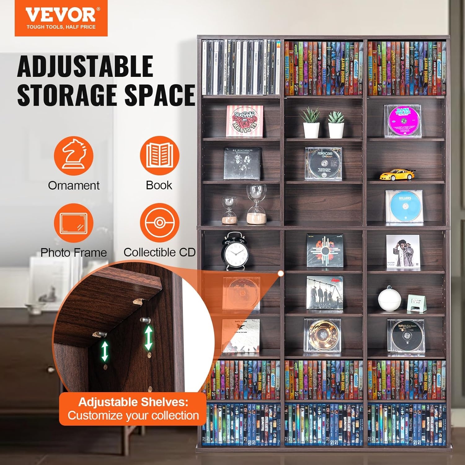 image:imageVEVOR Media Storage Cabinet 8Layer DVD Shelf Adjustable CD Shelves 16 Compartments Protects amp Organizes Music Movie Video Games or Memorabilia Collections EspressoEspresso