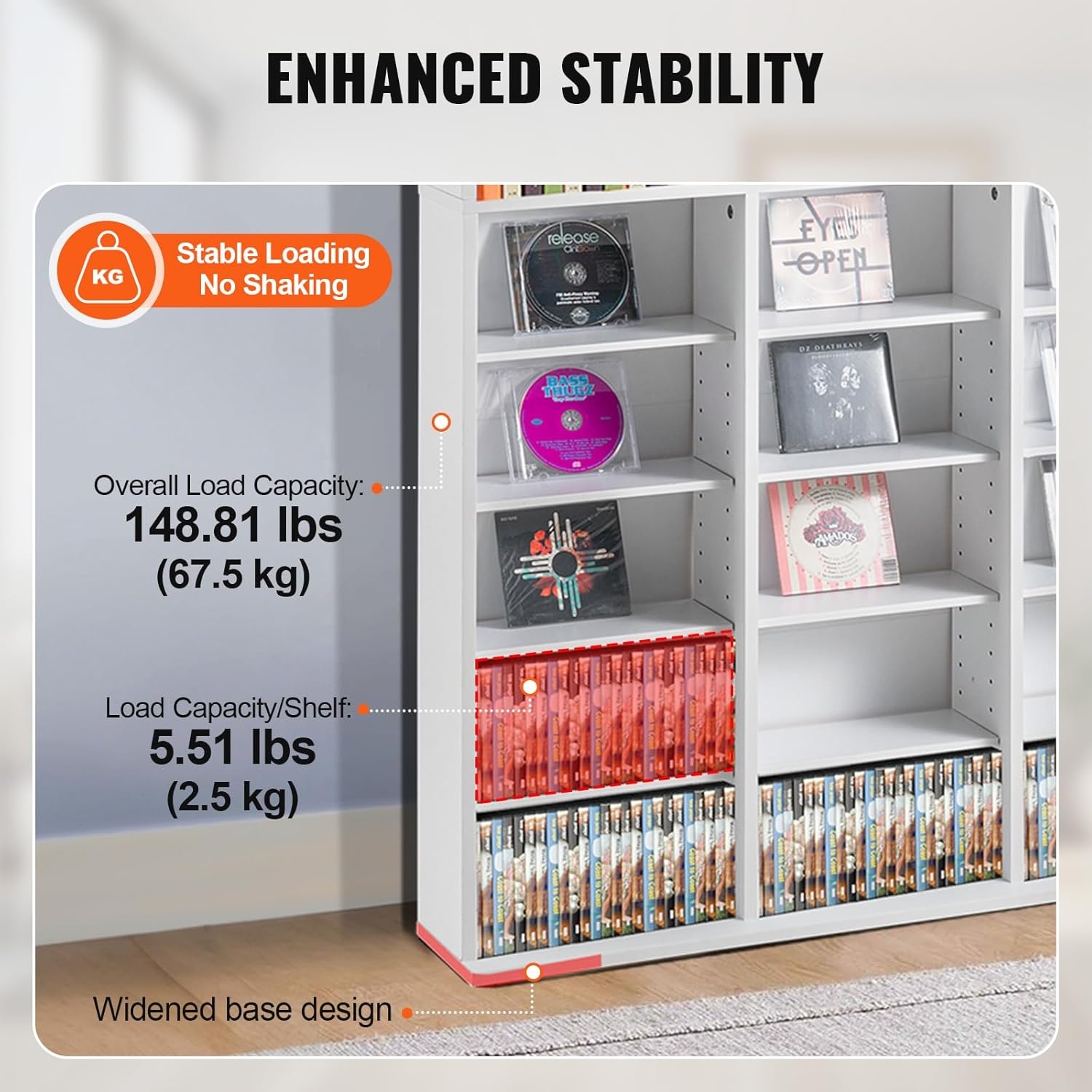 image:imageVEVOR Media Storage Cabinet 8Layer DVD Shelf Adjustable CD Shelves 16 Compartments Protects amp Organizes Music Movie Video Games or Memorabilia Collections EspressoWhite