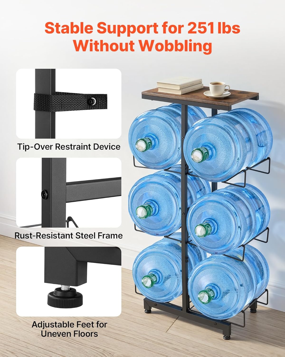 image:imageVEVOR Movable 5 Gallon Water Jug Holder Double Rows 3 or 5 Gallon Water Bottle Holder for 6 Bottles Heavy Duty Jug Rack Organizer with Lockable Casters amp Handle Foldable for Kitchen Office BlackBlack and Brown