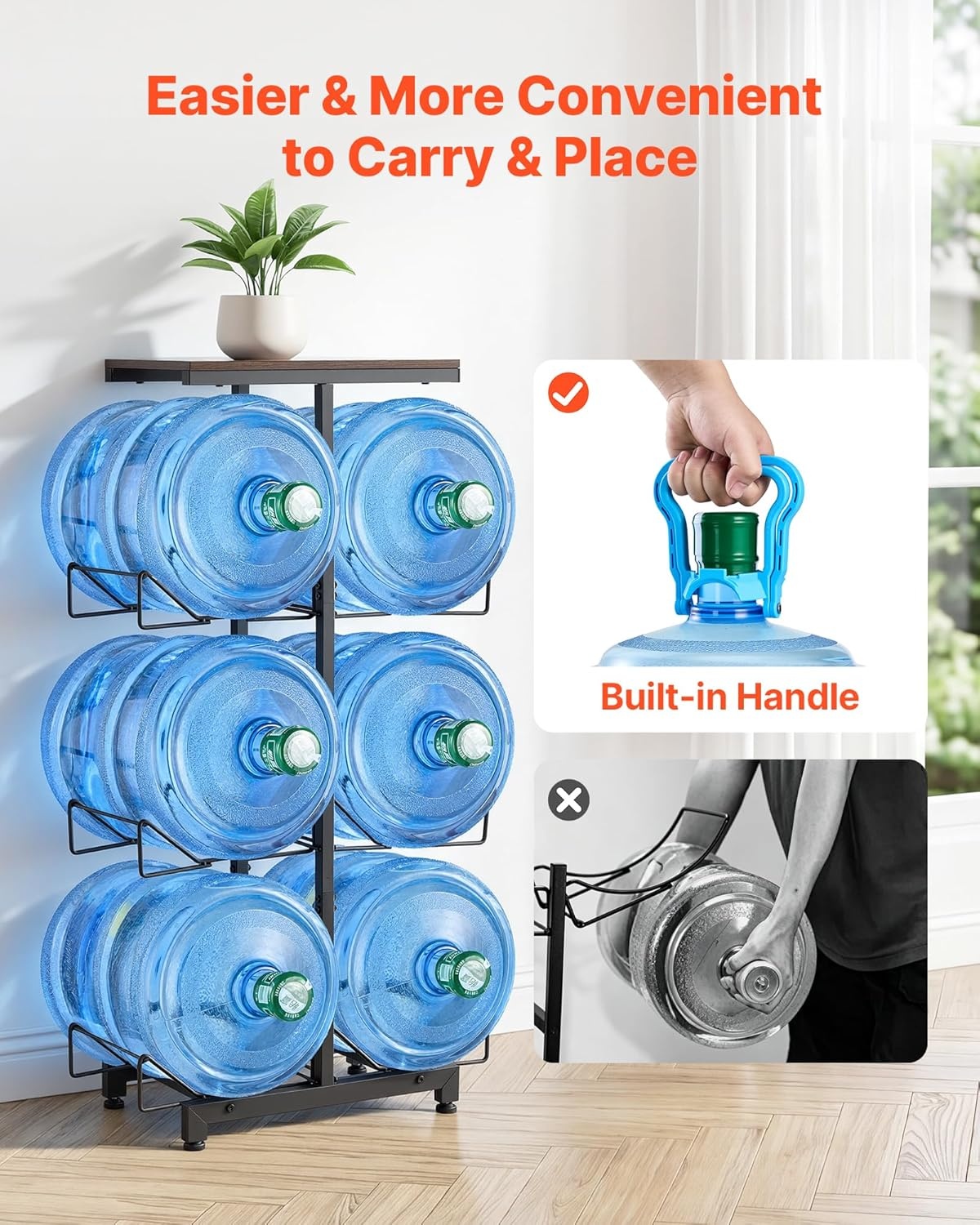 image:imageVEVOR Movable 5 Gallon Water Jug Holder Double Rows 3 or 5 Gallon Water Bottle Holder for 6 Bottles Heavy Duty Jug Rack Organizer with Lockable Casters amp Handle Foldable for Kitchen Office BlackBlack and Brown
