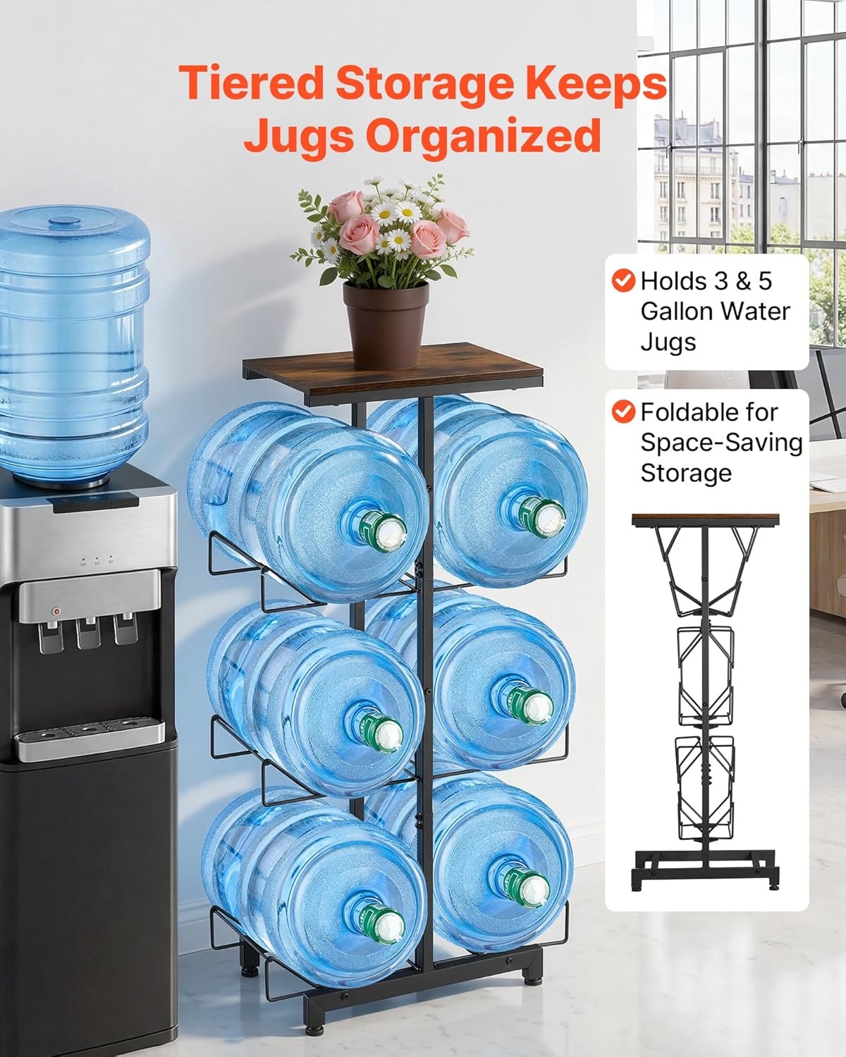 image:imageVEVOR Movable 5 Gallon Water Jug Holder Double Rows 3 or 5 Gallon Water Bottle Holder for 6 Bottles Heavy Duty Jug Rack Organizer with Lockable Casters amp Handle Foldable for Kitchen Office BlackBlack and Brown