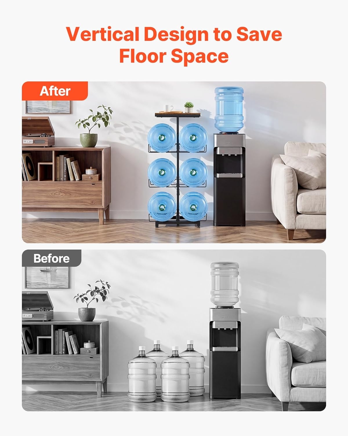 image:imageVEVOR Movable 5 Gallon Water Jug Holder Double Rows 3 or 5 Gallon Water Bottle Holder for 6 Bottles Heavy Duty Jug Rack Organizer with Lockable Casters amp Handle Foldable for Kitchen Office BlackBlack and Brown