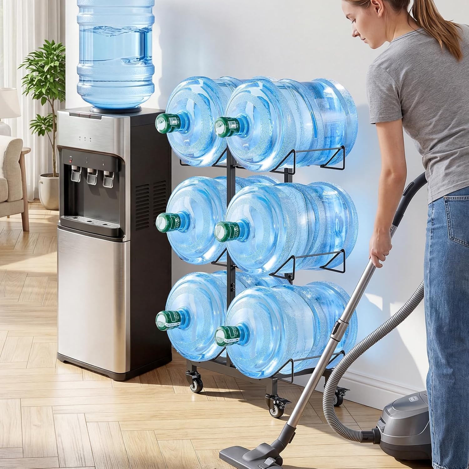 image:imageVEVOR Movable 5 Gallon Water Jug Holder Double Rows 3 or 5 Gallon Water Bottle Holder for 6 Bottles Heavy Duty Jug Rack Organizer with Lockable Casters amp Handle Foldable for Kitchen Office BlackBlack and Brown